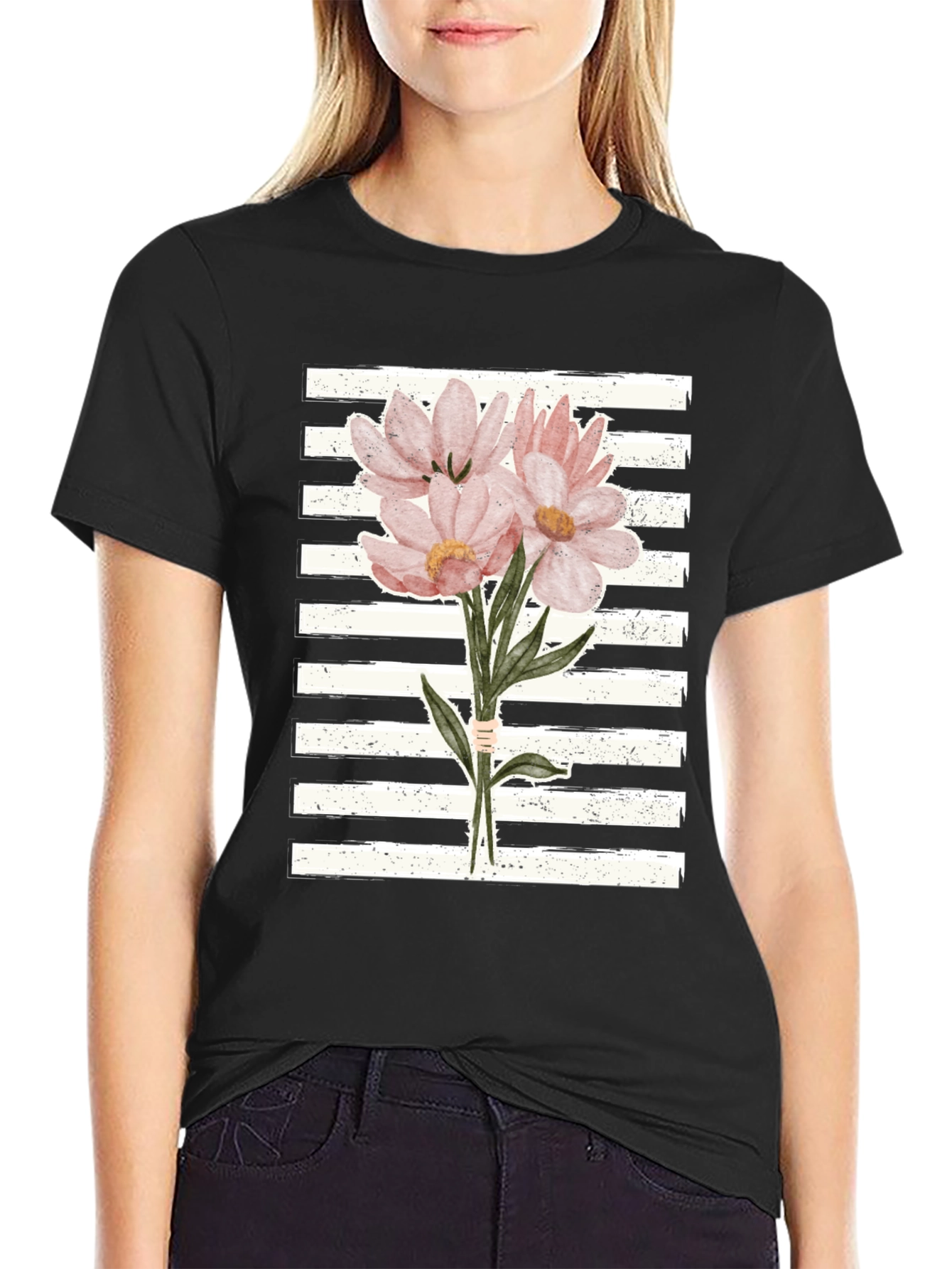 Floral Bouquet Graphic Tee - Striped Background