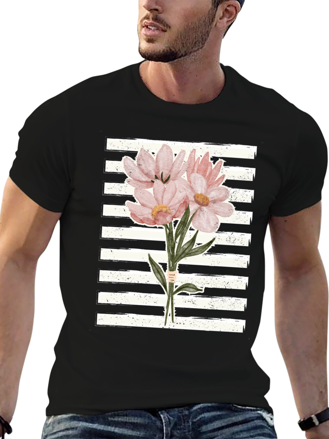 Floral Bouquet Graphic Tee - Striped Background