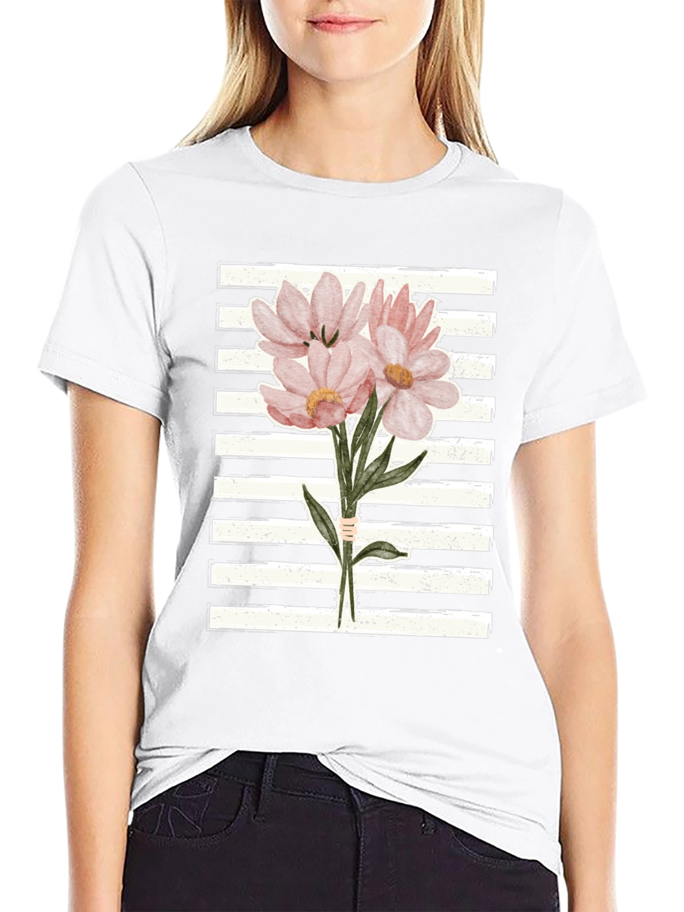 Floral Bouquet Graphic Tee - Striped Background