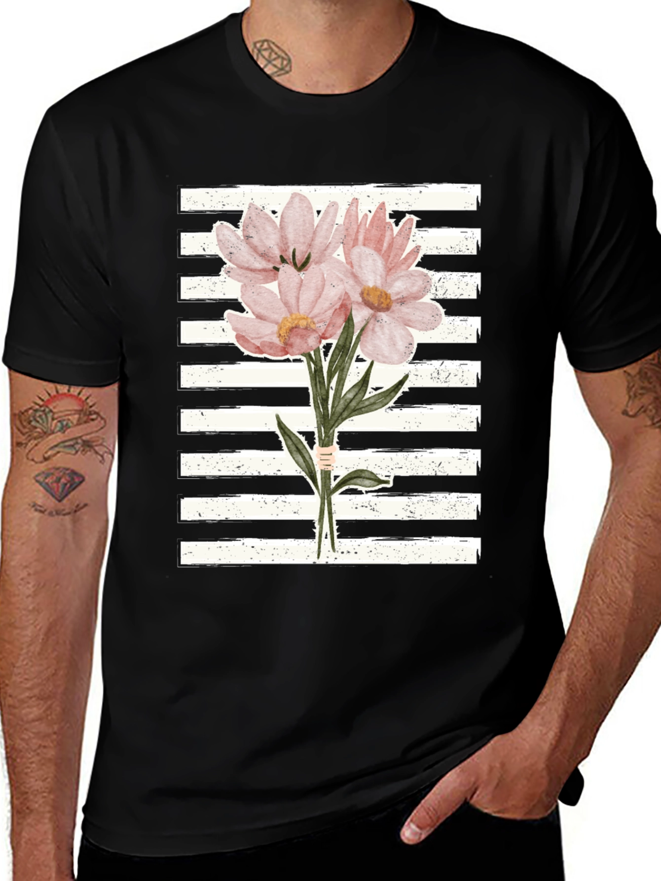 Floral Bouquet Graphic Tee - Striped Background