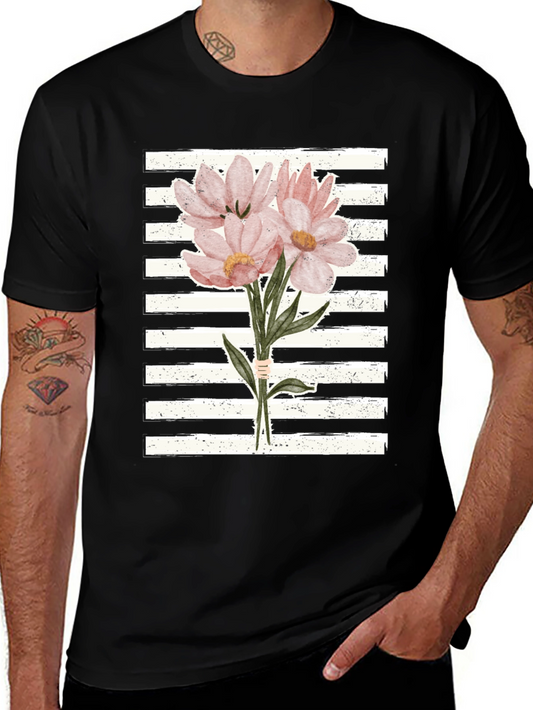 Floral Bouquet Graphic Tee - Striped Background