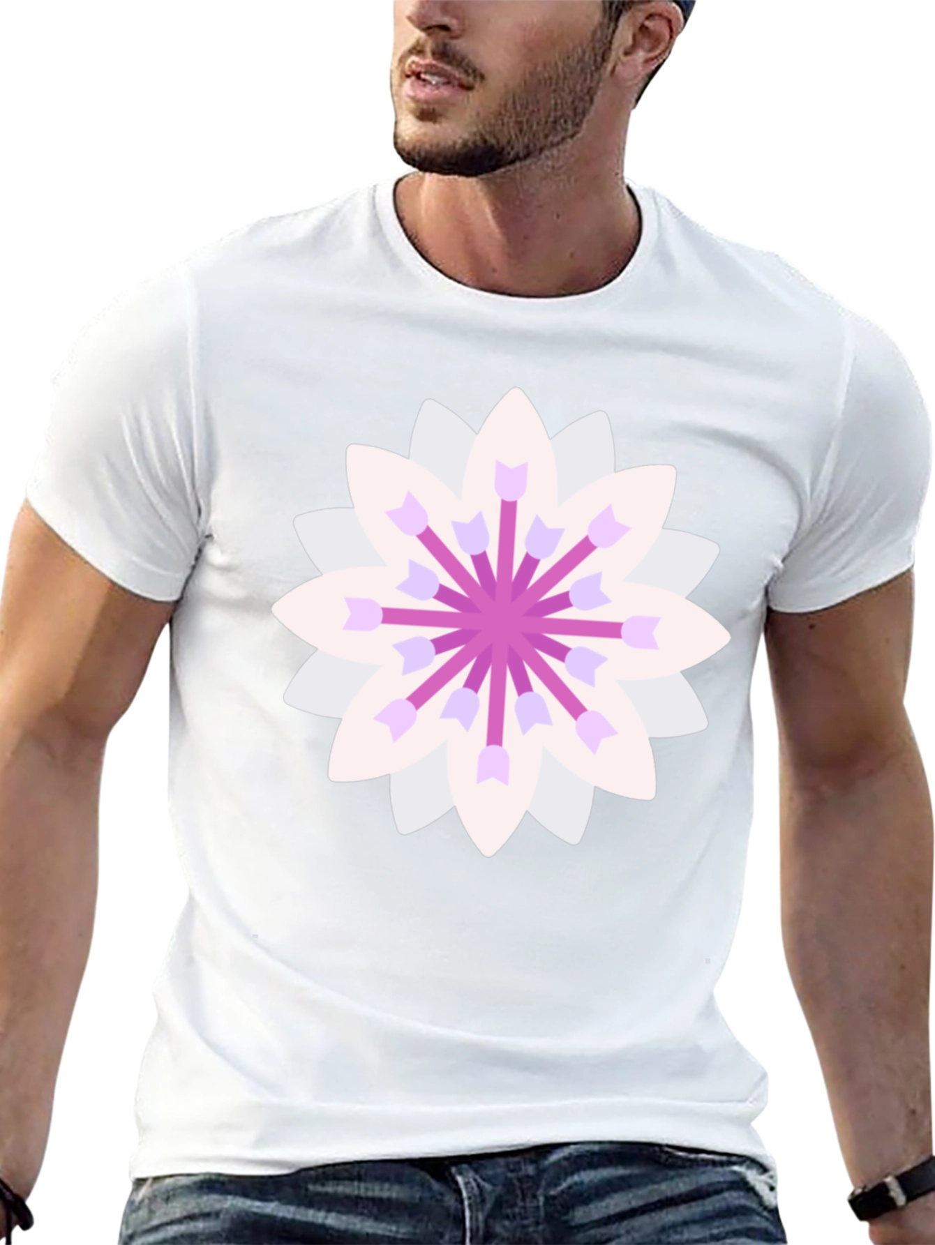 Black T-Shirt with Geometric Floral Design
