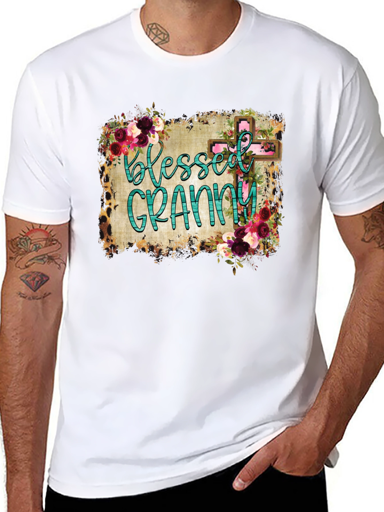 Blessed Granny Graphic Tee - Floral Cross Design