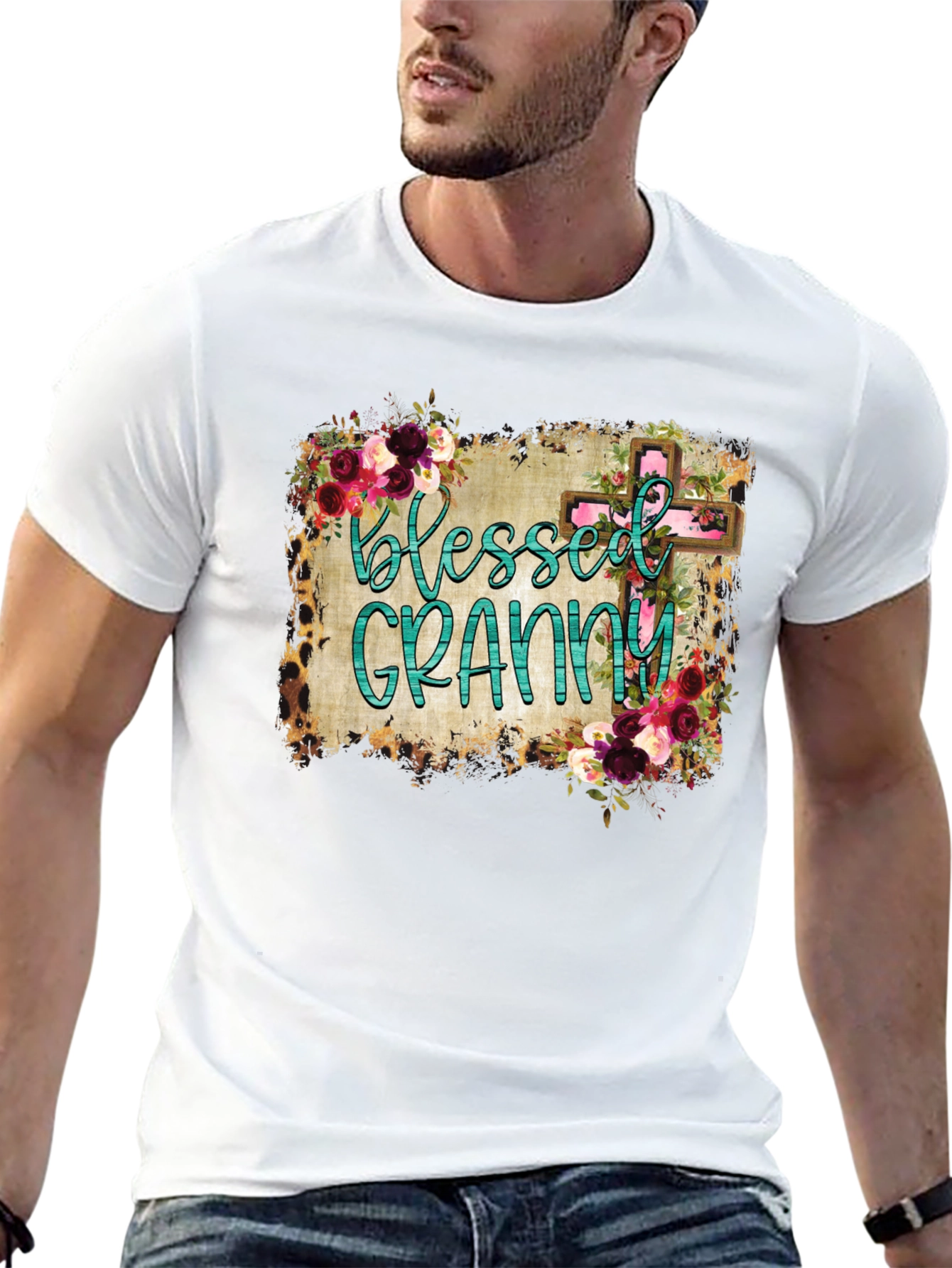 Blessed Granny Graphic Tee - Floral Cross Design