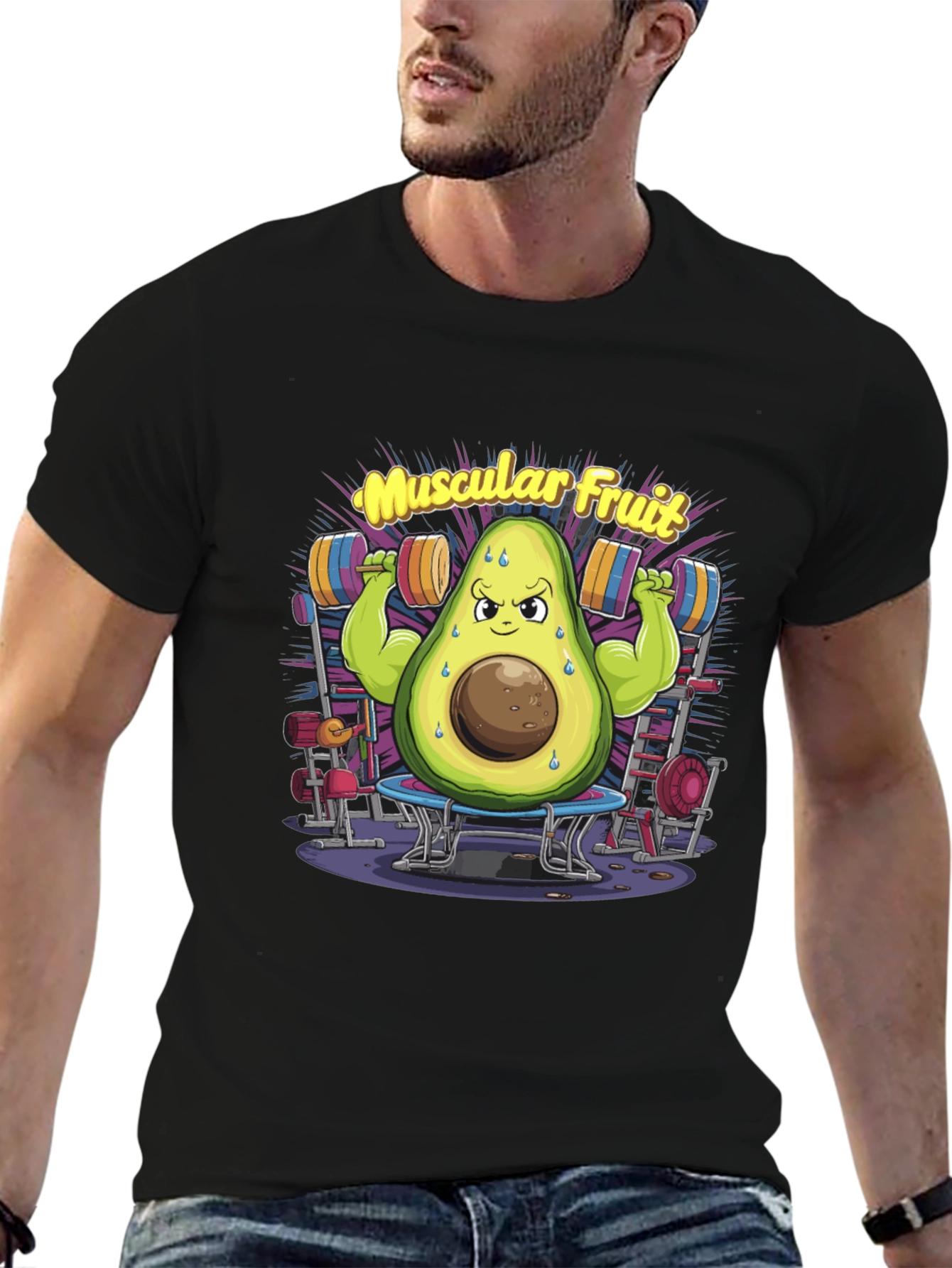 Muscular Fruit Avocado Black T-Shirt