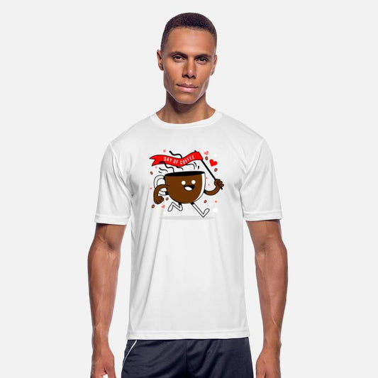 Coffee day, cup of coffee running with a red flag