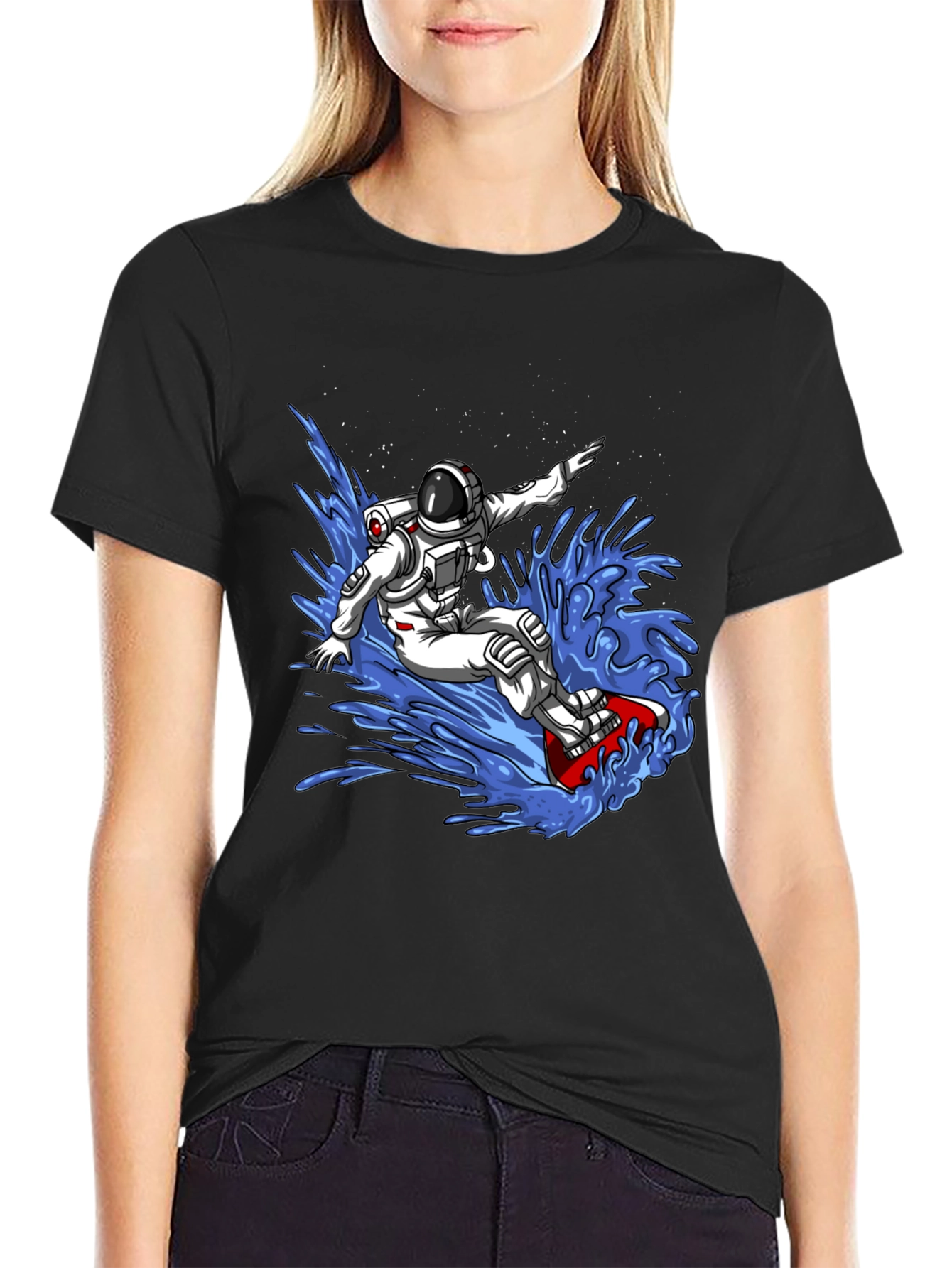 Astronaut Surfing T-Shirt - Space Waves Design