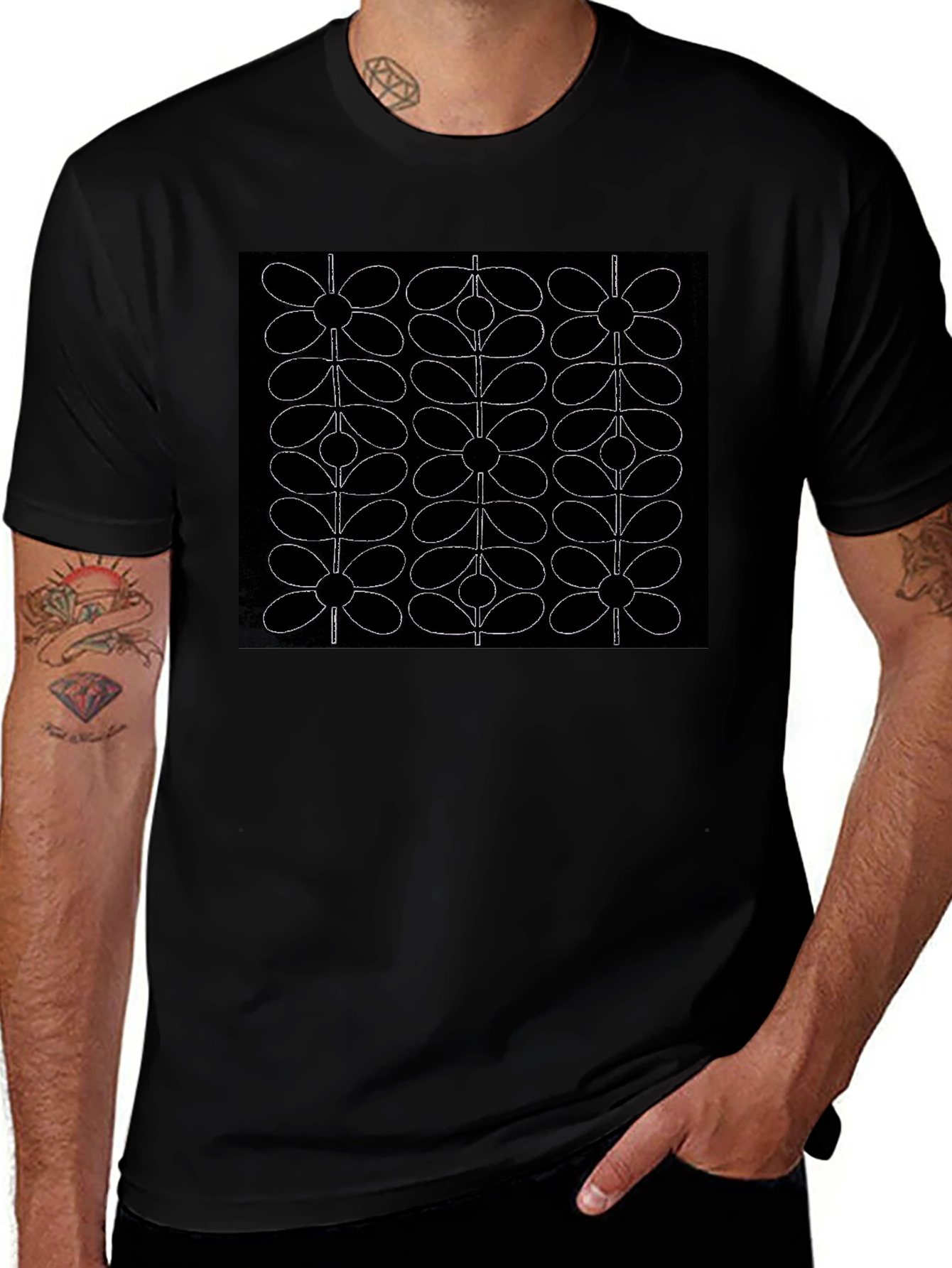 Retro Floral Pattern Black T-Shirt
