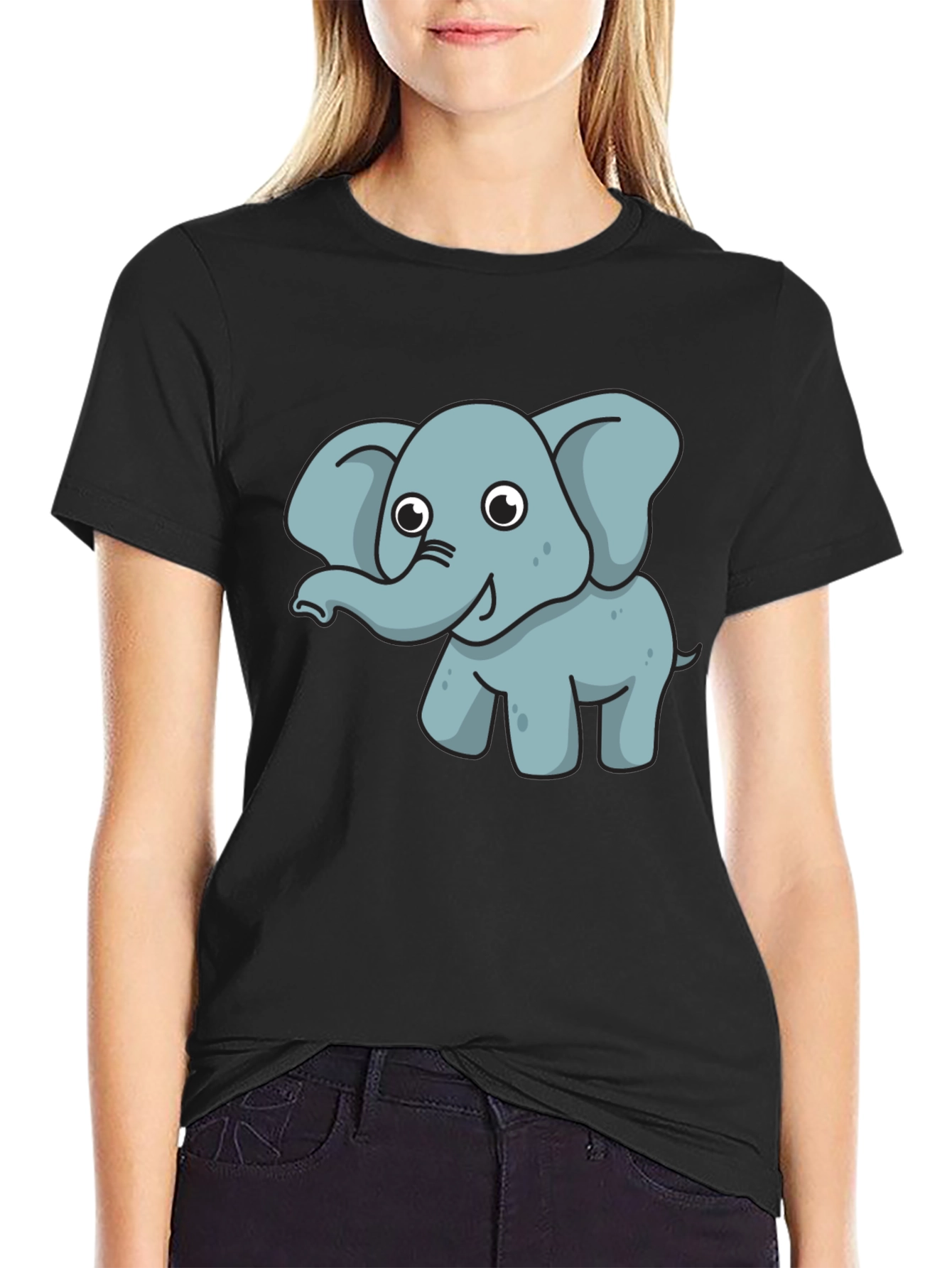 Cute Elephant Graphic Tee - Black Cotton T-Shirt