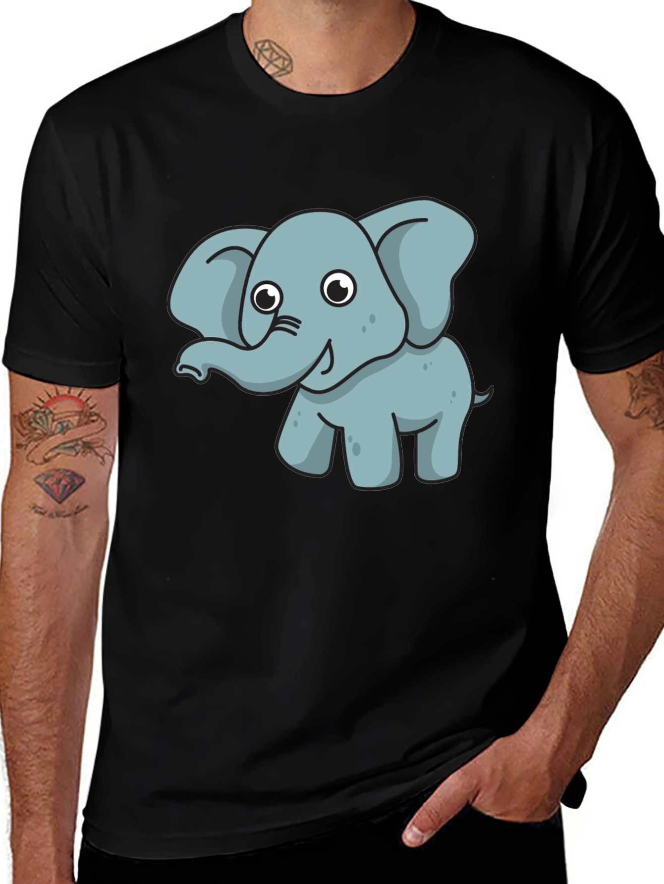Cute Elephant Graphic Tee - Black Cotton T-Shirt