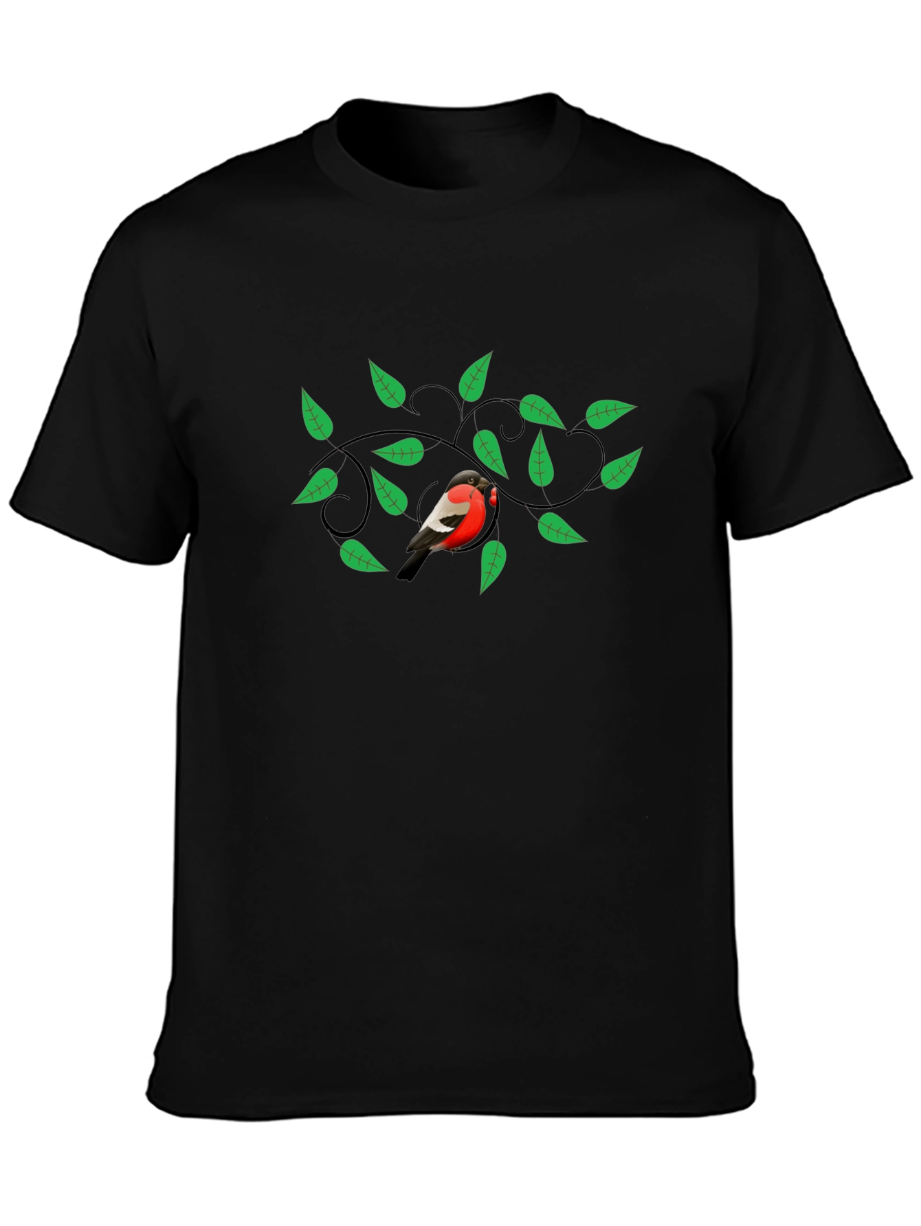Bird & Green Leaves Graphic Print Black T-Shirt