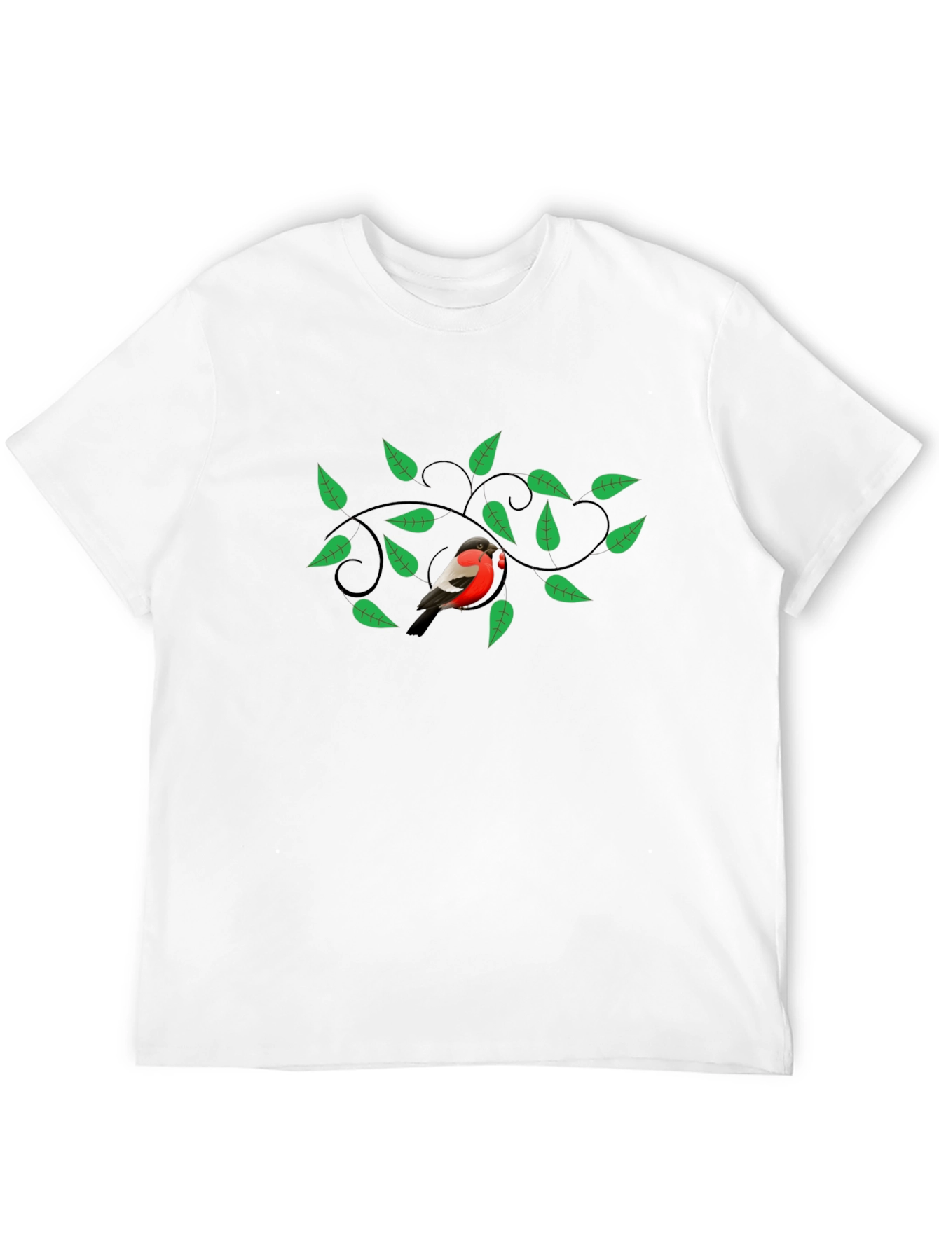 Bird & Green Leaves Graphic Print Black T-Shirt