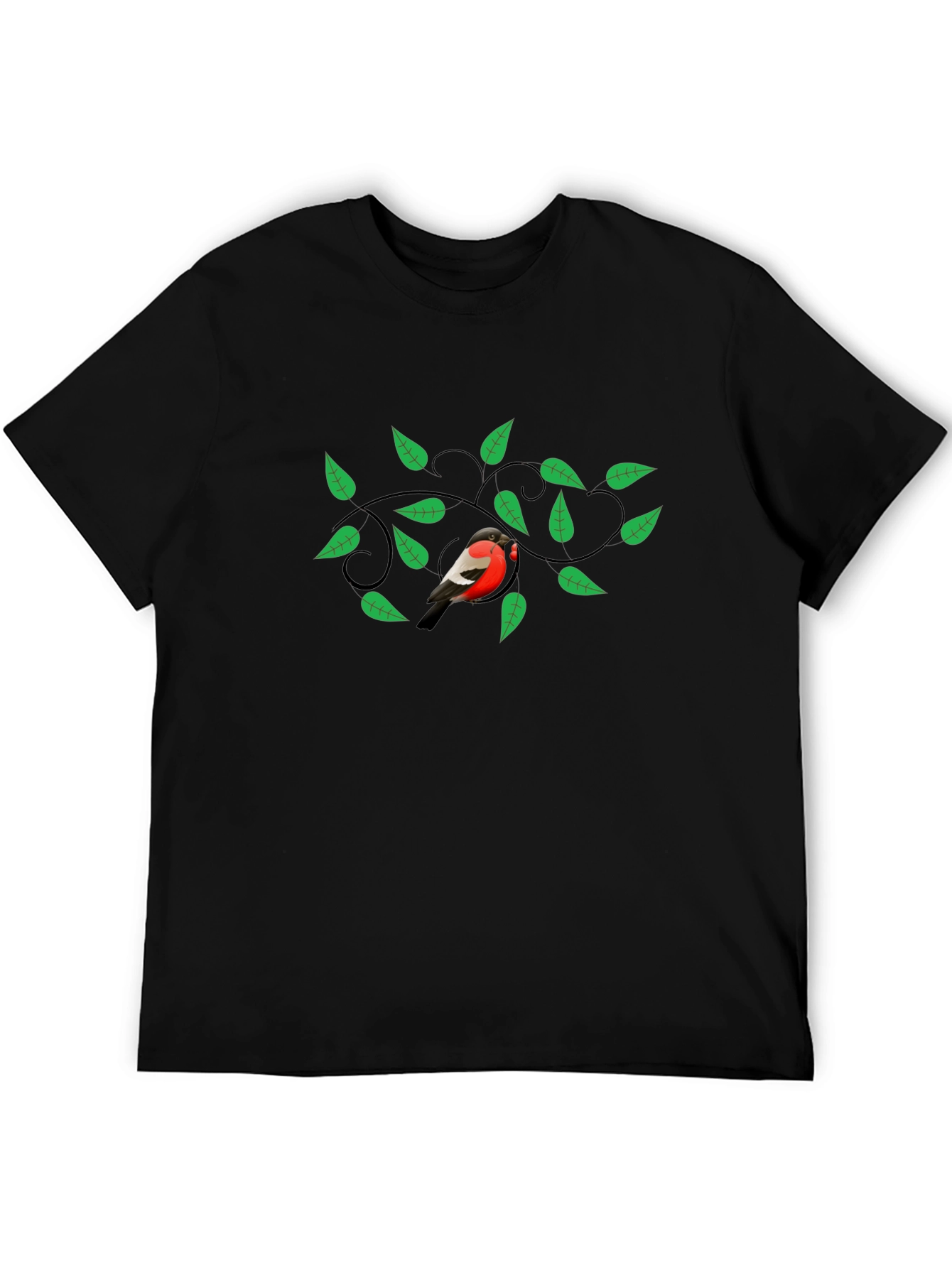 Bird & Green Leaves Graphic Print Black T-Shirt