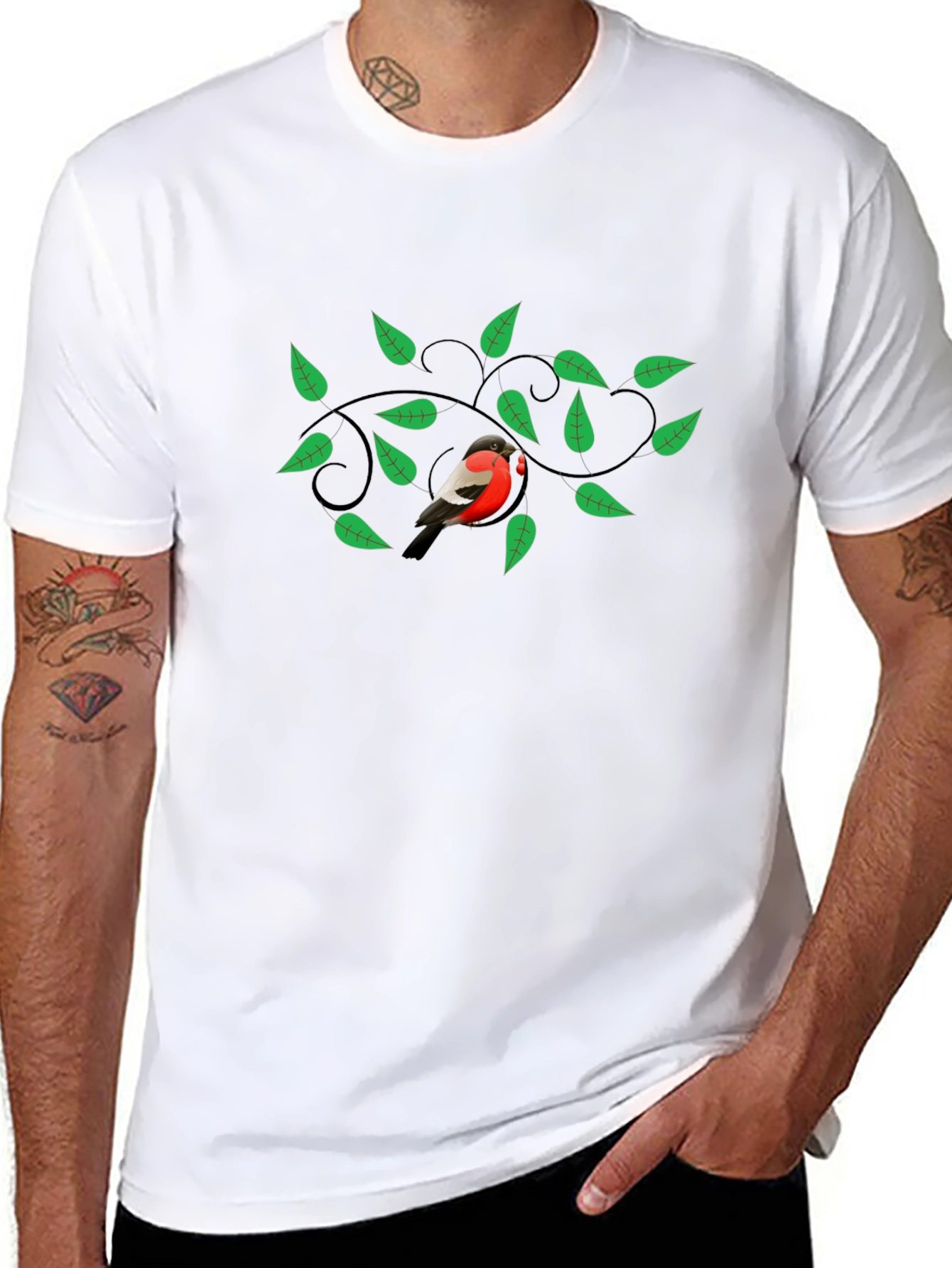 Bird & Green Leaves Graphic Print Black T-Shirt