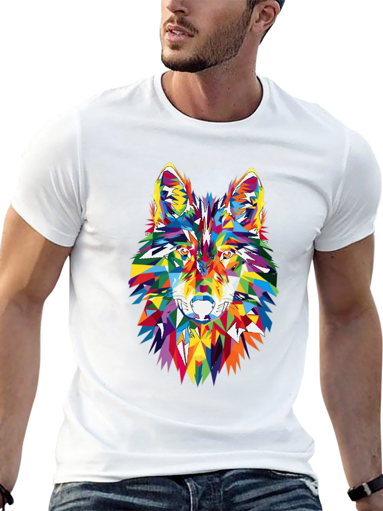 Geometric Wolf Head Graphic Black T-Shirt