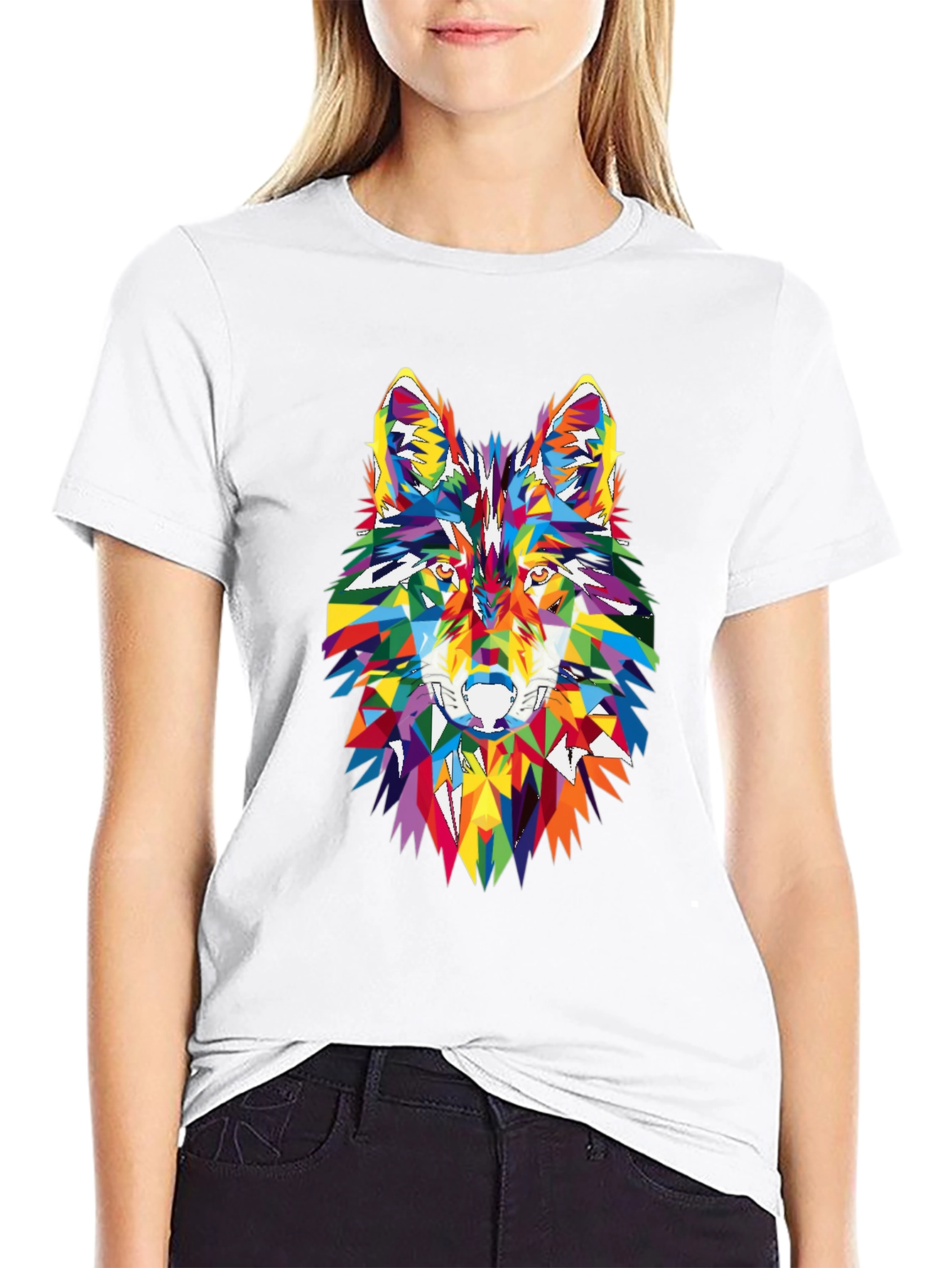 Geometric Wolf Head Graphic Black T-Shirt