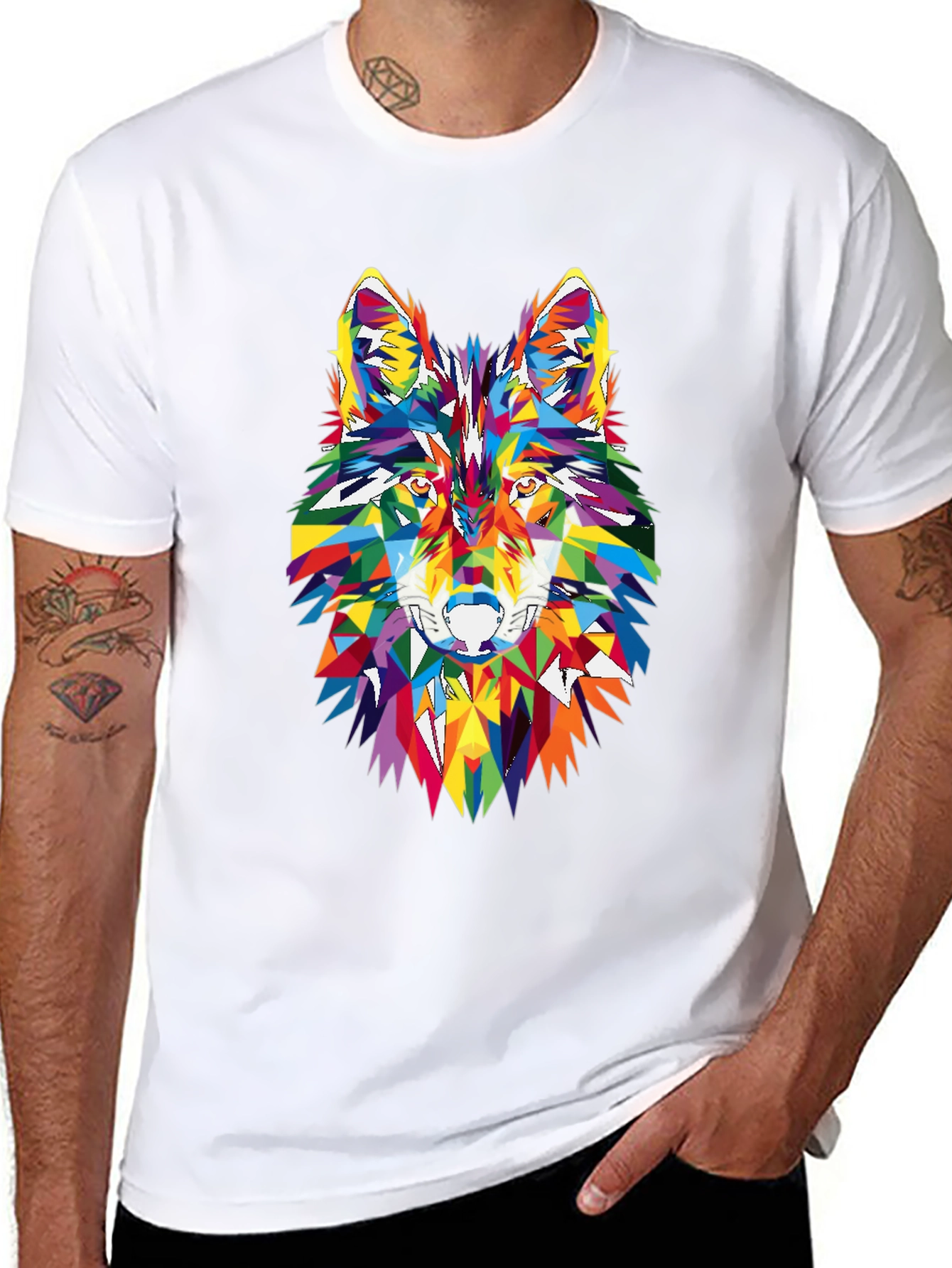 Geometric Wolf Head Graphic Black T-Shirt