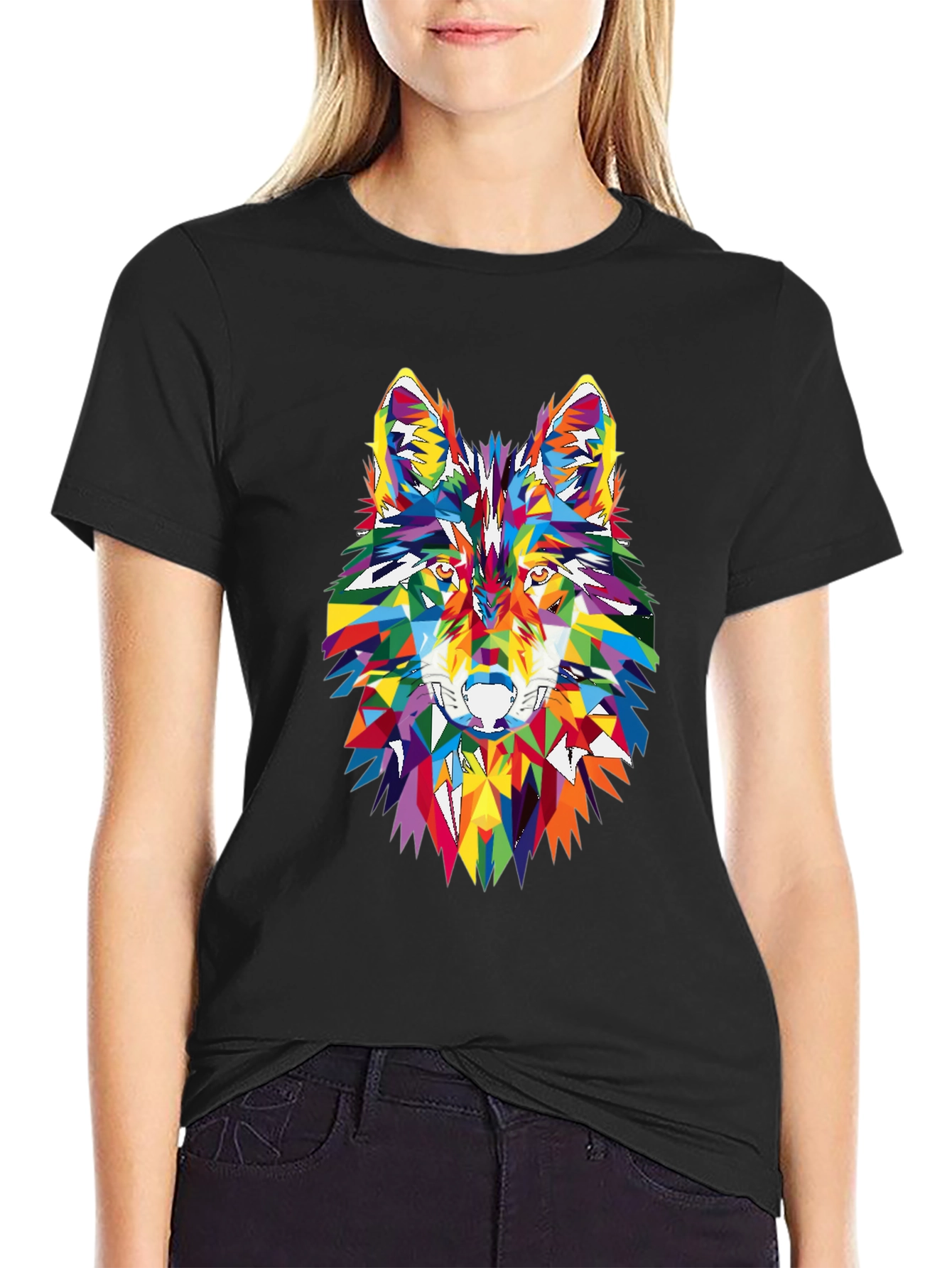 Geometric Wolf Head Graphic Black T-Shirt