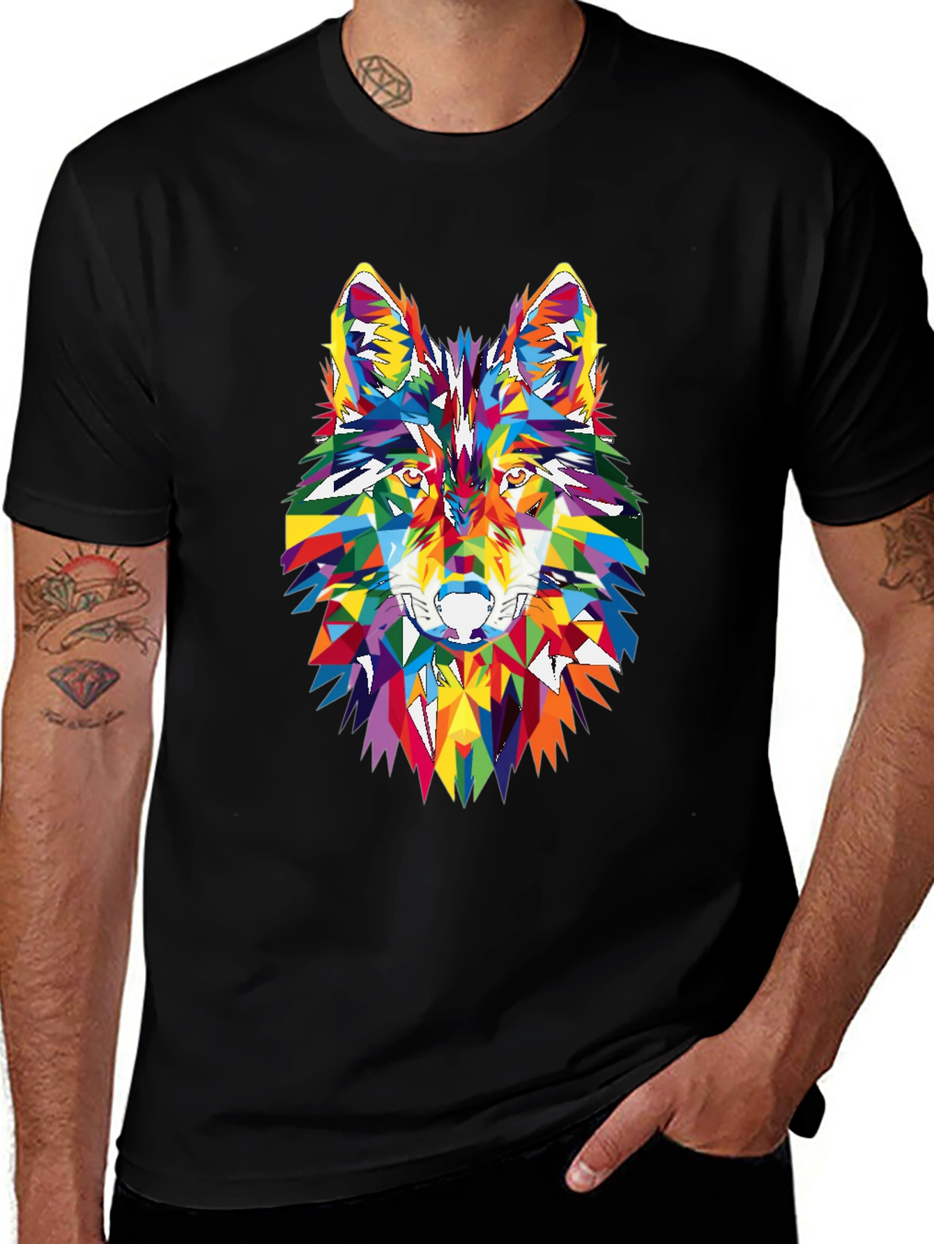 Geometric Wolf Head Graphic Black T-Shirt