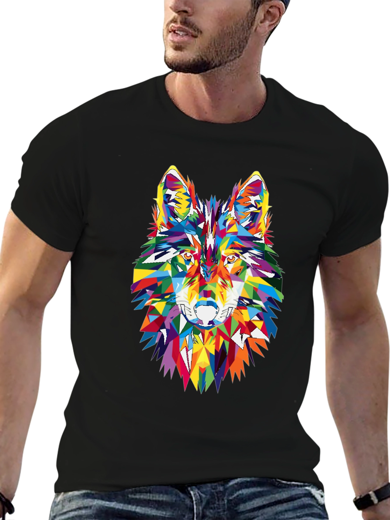 Geometric Wolf Head Graphic Black T-Shirt