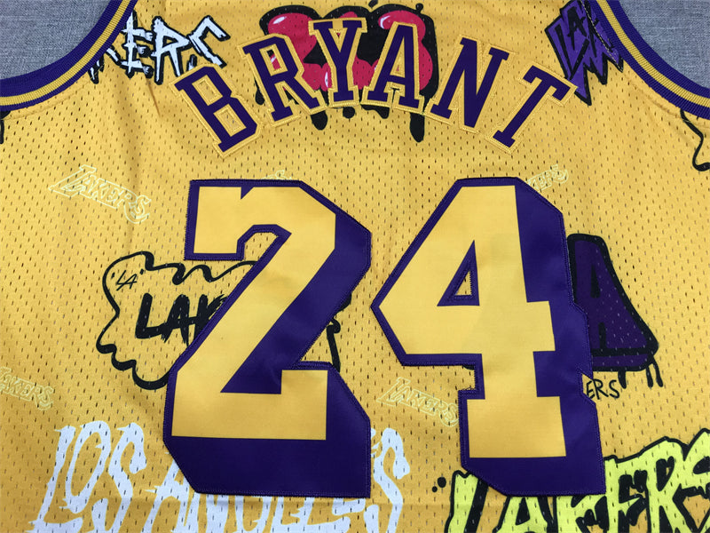 Men's Los Angeles Lakers Kobe Bryant #24 Yellow Swingman Graffiti Edition Jerseys