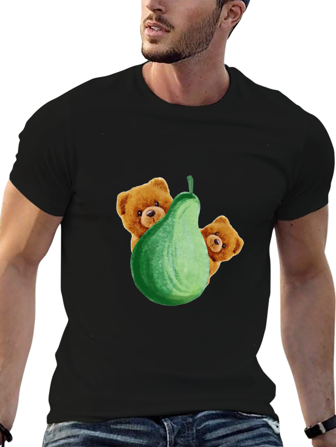 Cute Bear & Pear Black Graphic Tee