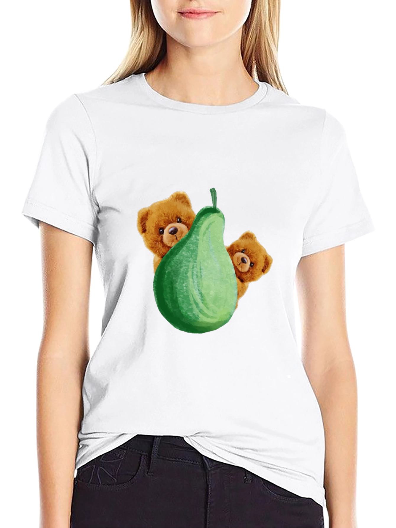 Cute Bear & Pear Black Graphic Tee