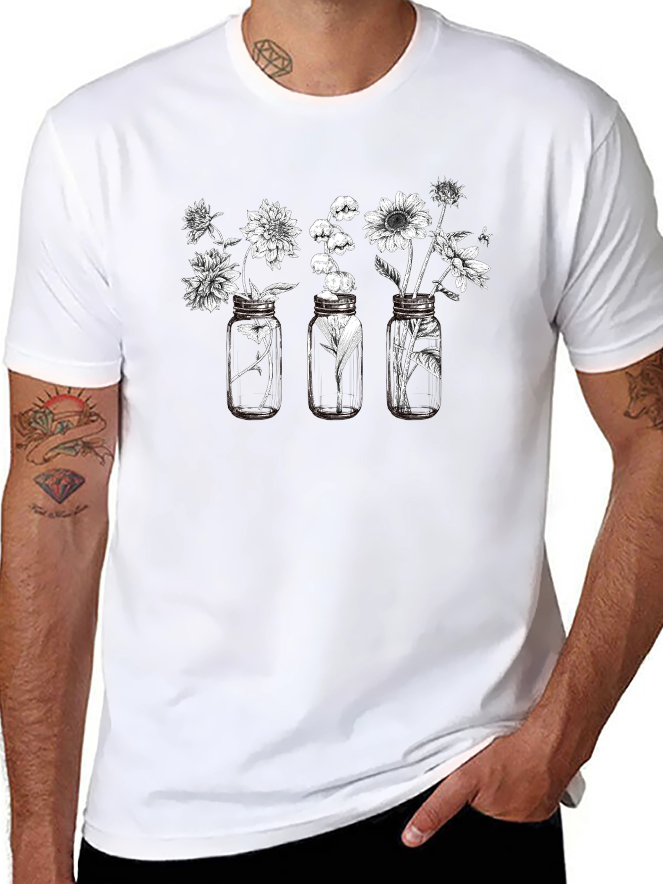 Floral Jars Graphic T-Shirt - Black Casual Wear