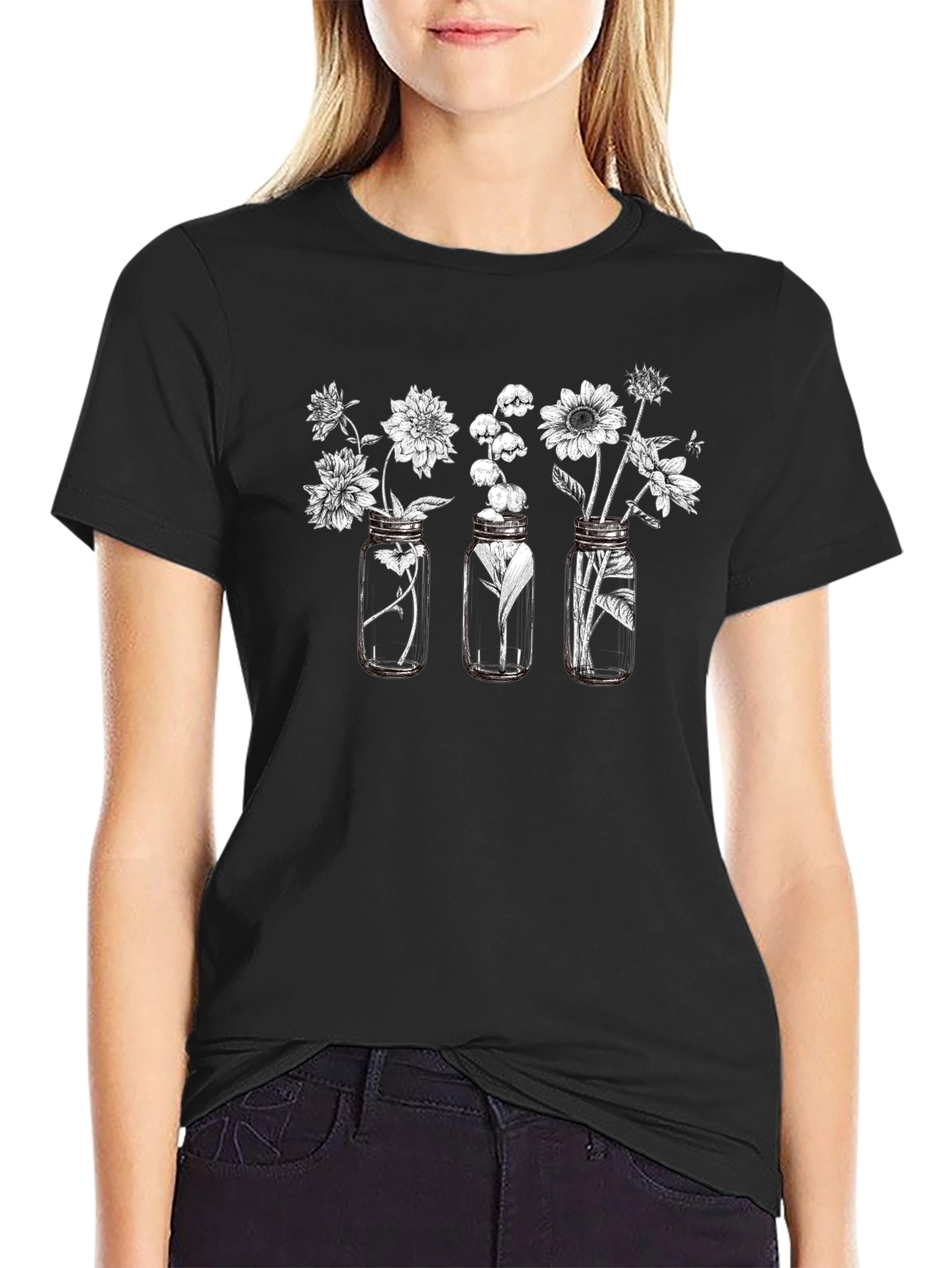 Floral Jars Graphic T-Shirt - Black Casual Wear