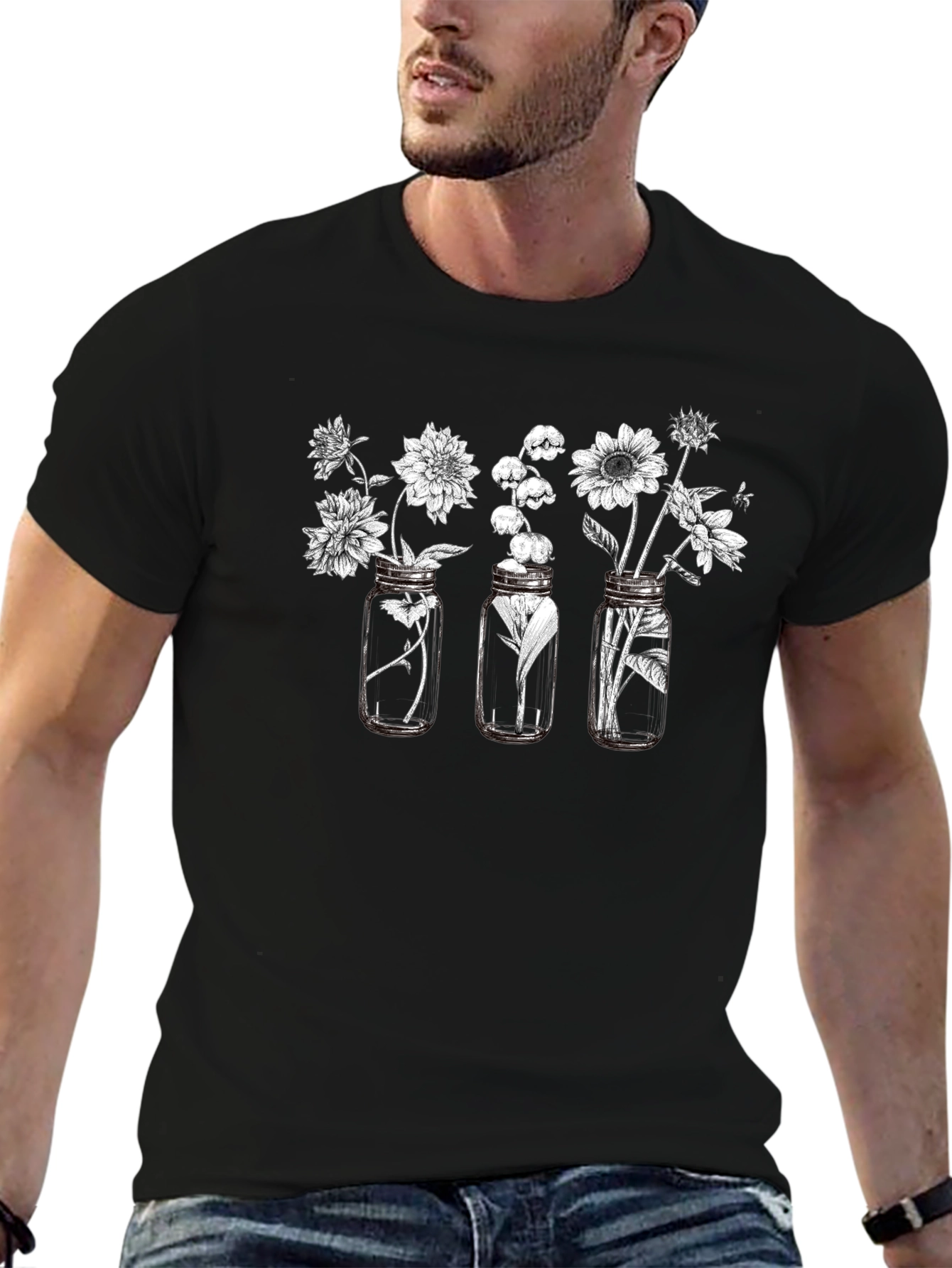 Floral Jars Graphic T-Shirt - Black Casual Wear