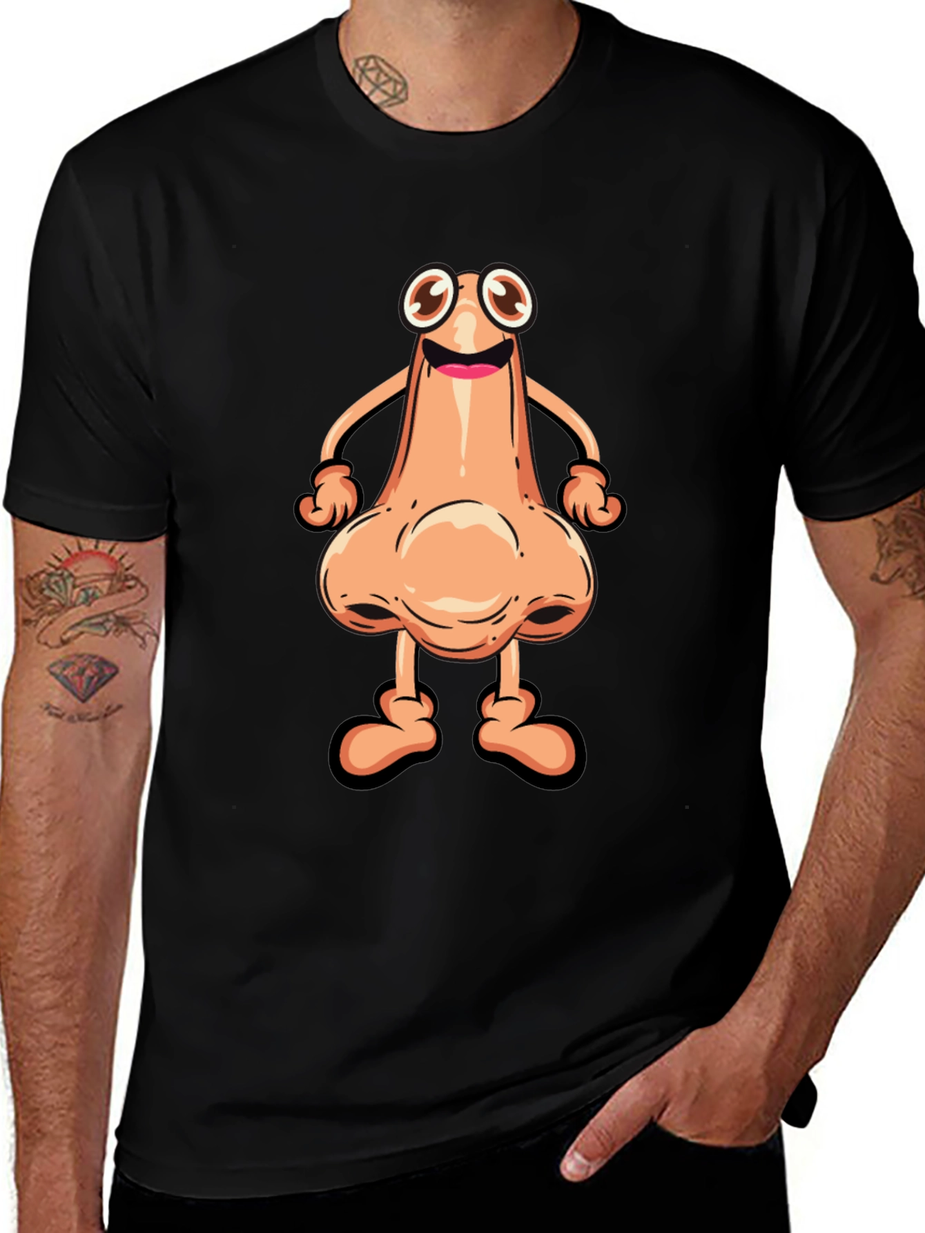Funny Cartoon Nose Character Black T-Shirt