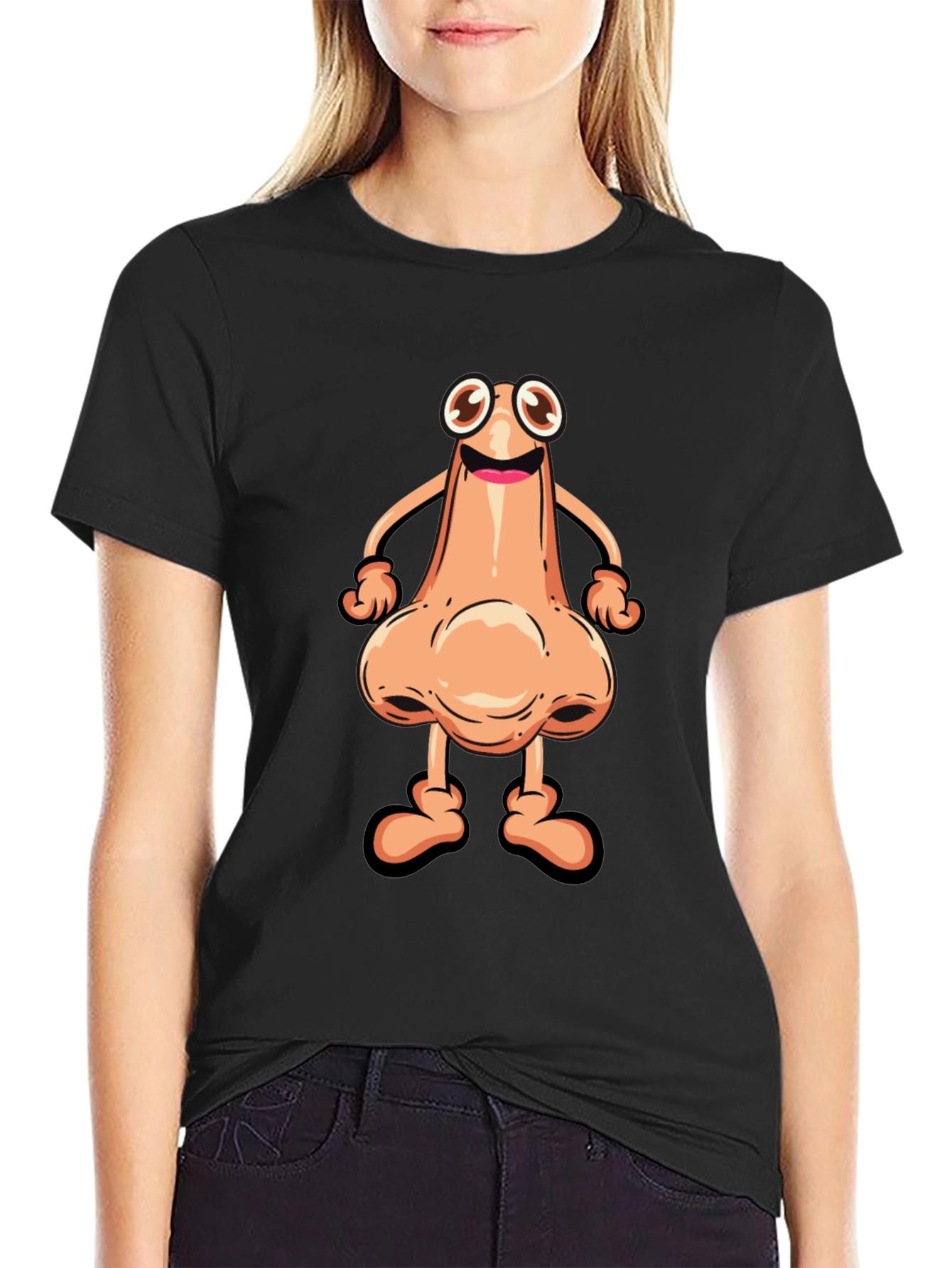 Funny Cartoon Nose Character Black T-Shirt