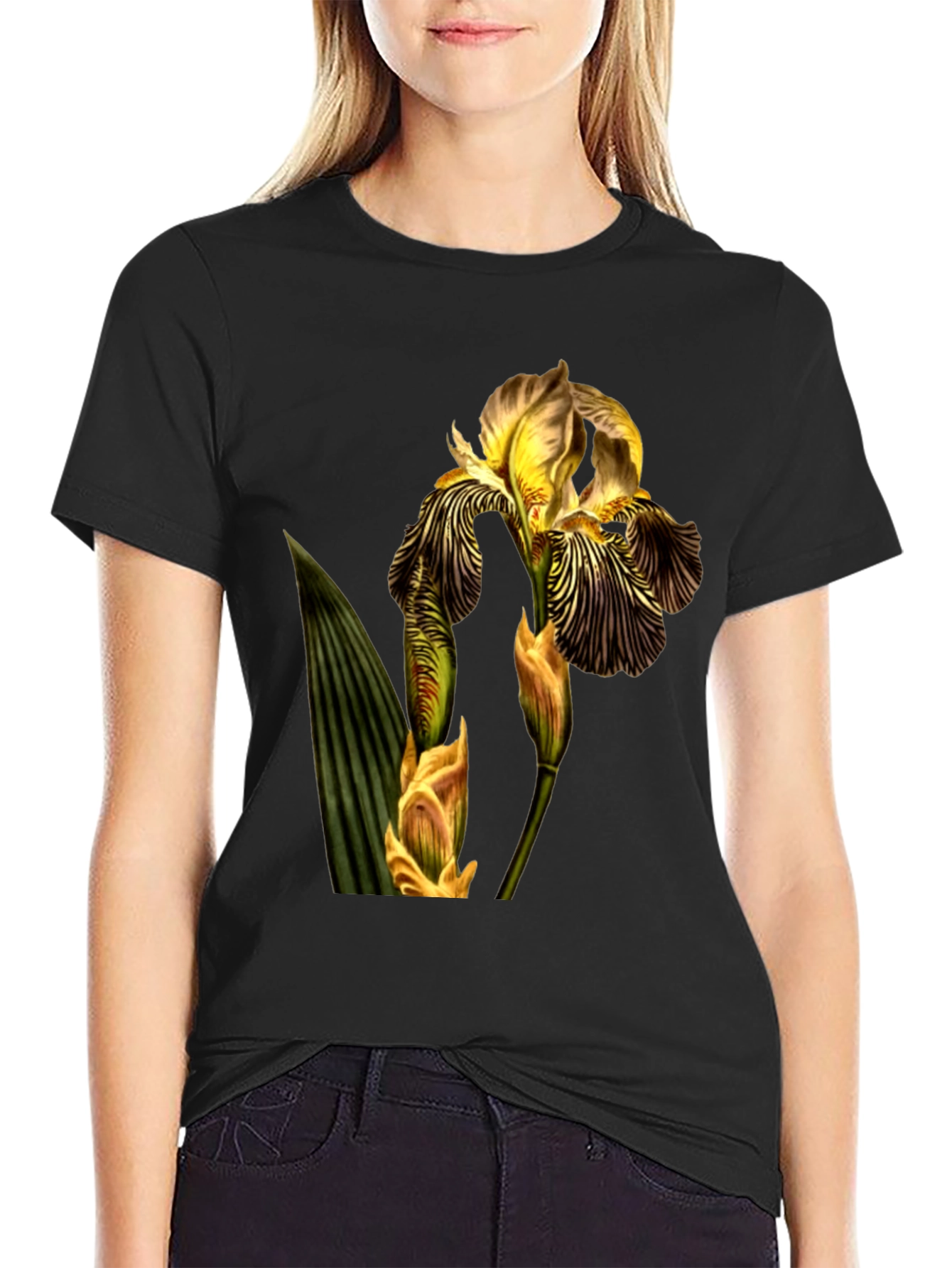 Floral Iris Graphic Print Black T-Shirt