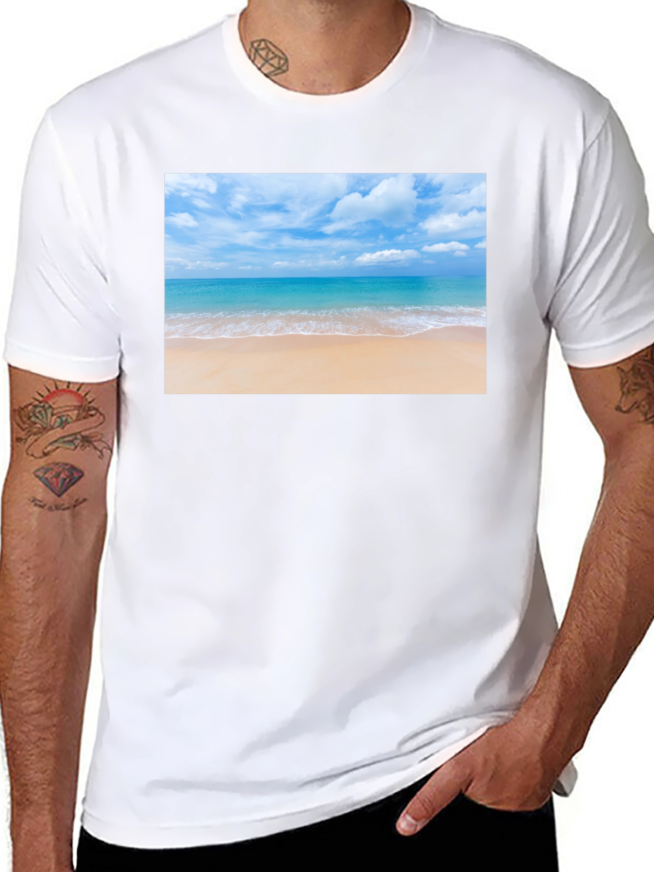 Beach Scene Graphic Tee - Black Cotton T-Shirt