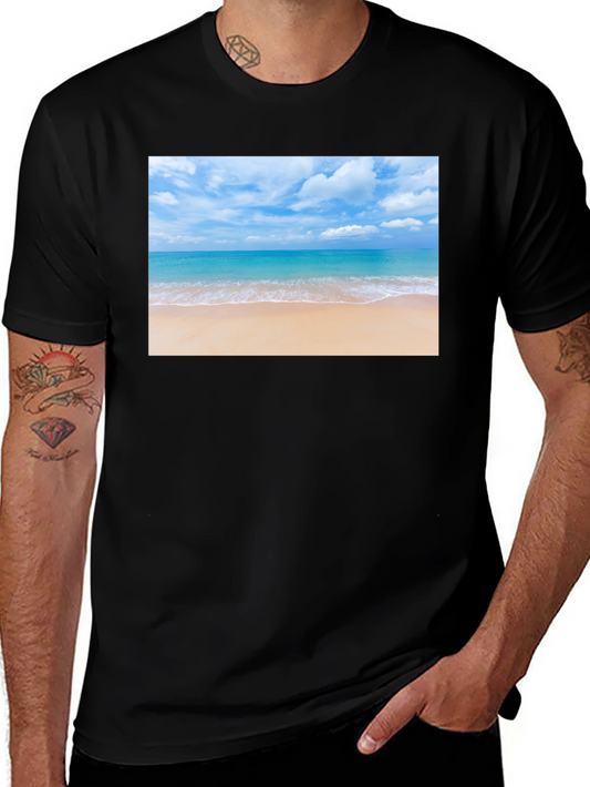 Beach Scene Graphic Tee - Black Cotton T-Shirt