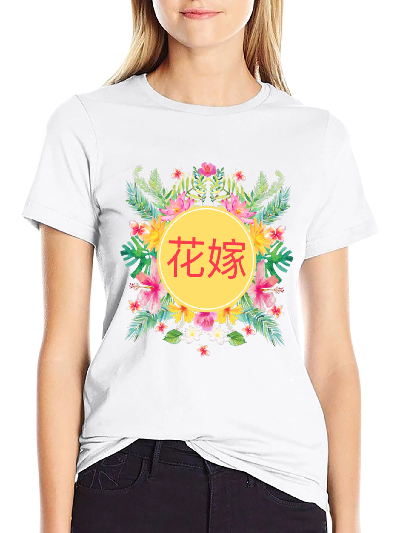 Tropical Floral Chinese Text Graphic Tee