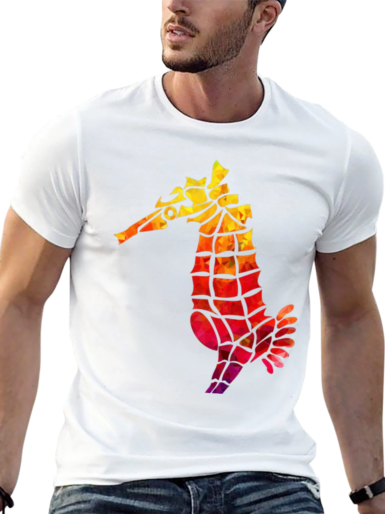 Geometric Seahorse Graphic Tee - Black
