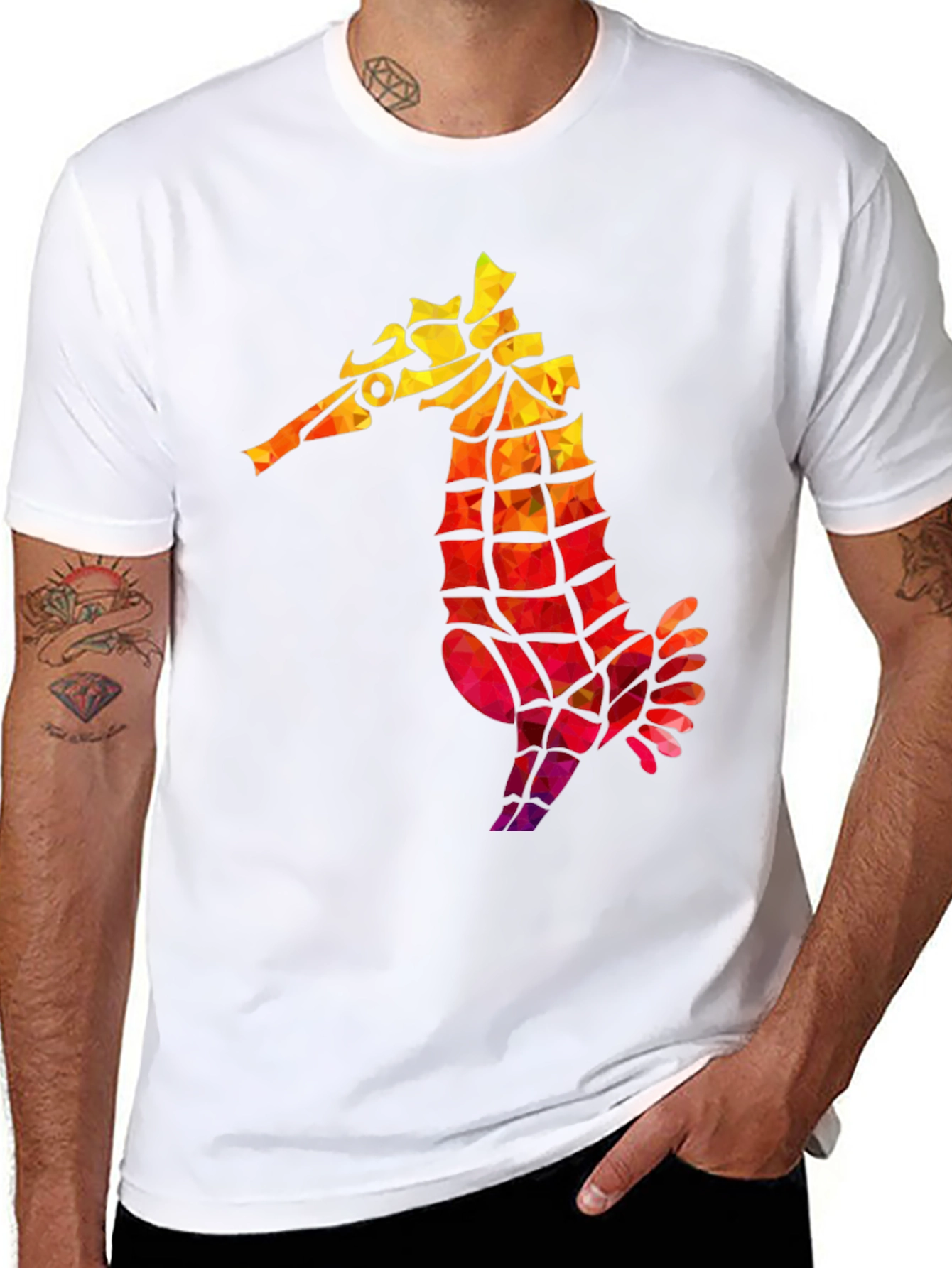 Geometric Seahorse Graphic Tee - Black