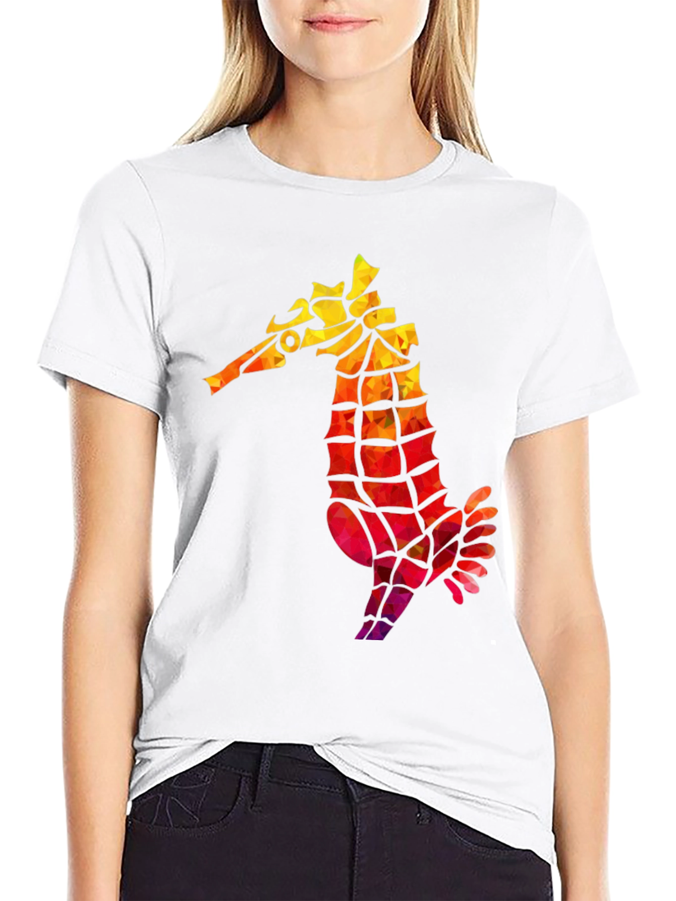 Geometric Seahorse Graphic Tee - Black