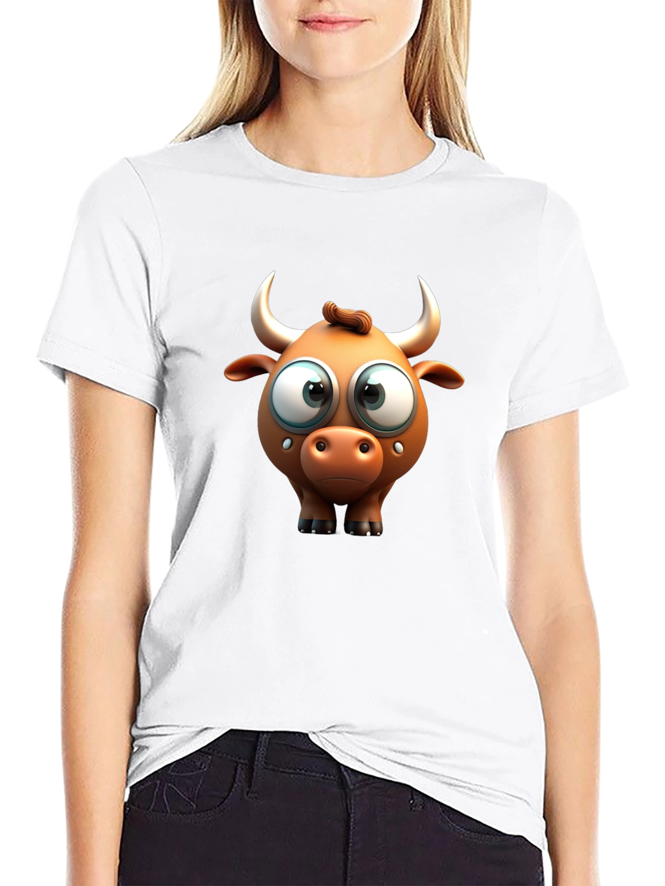 Funny Cartoon Bull Graphic Black T-Shirt