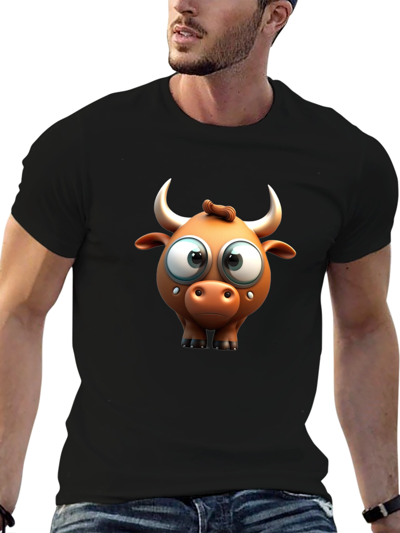 Funny Cartoon Bull Graphic Black T-Shirt