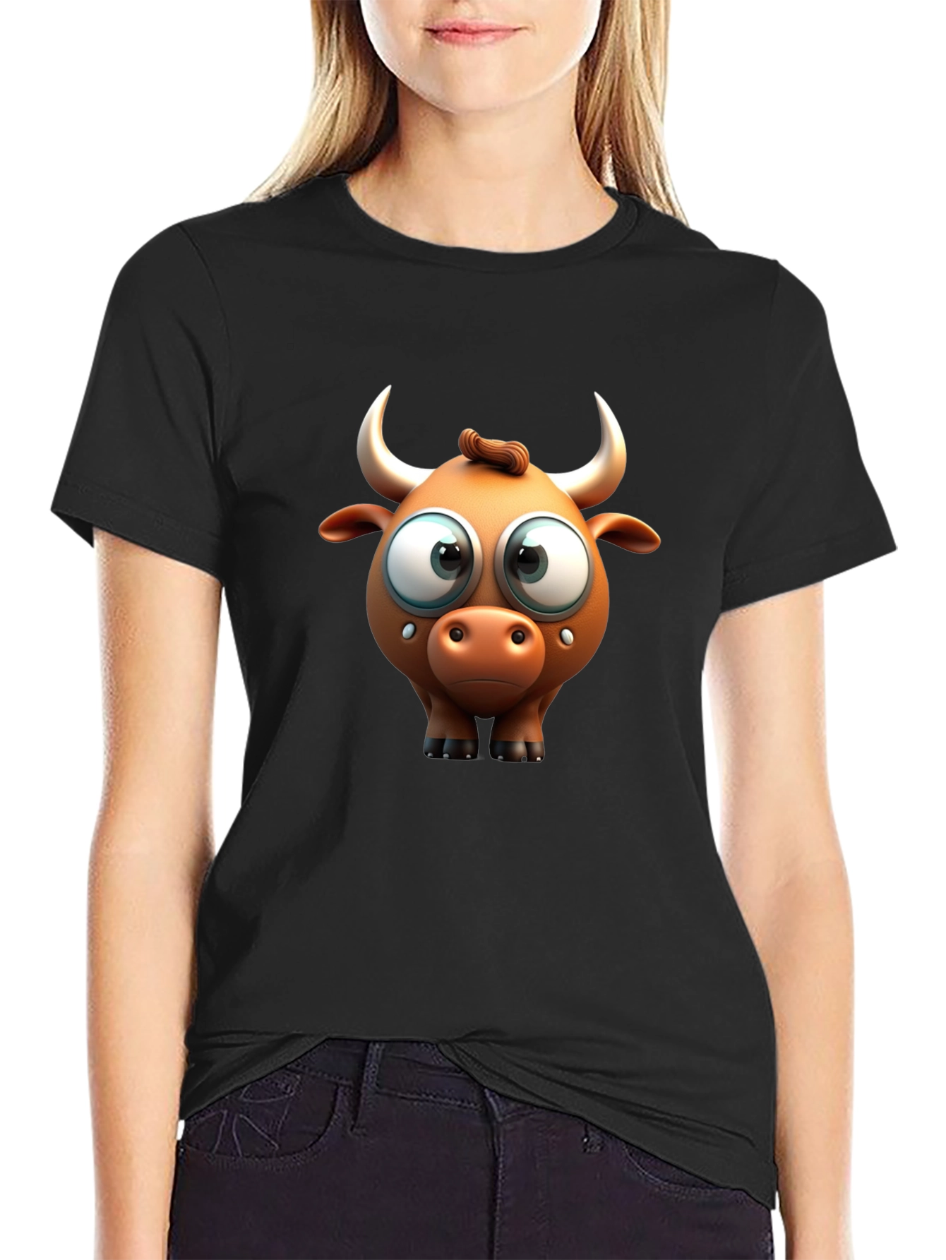 Funny Cartoon Bull Graphic Black T-Shirt