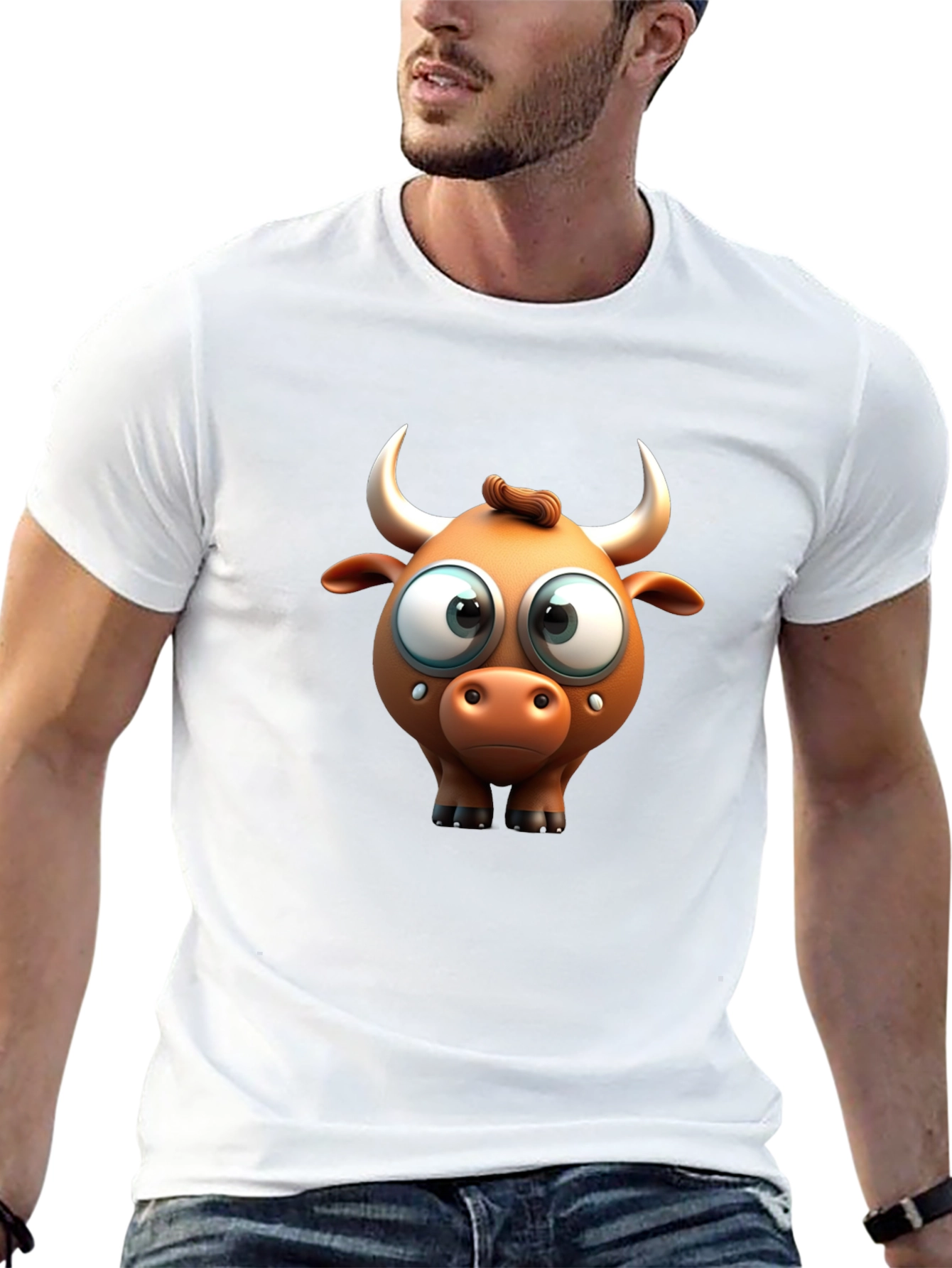 Funny Cartoon Bull Graphic Black T-Shirt
