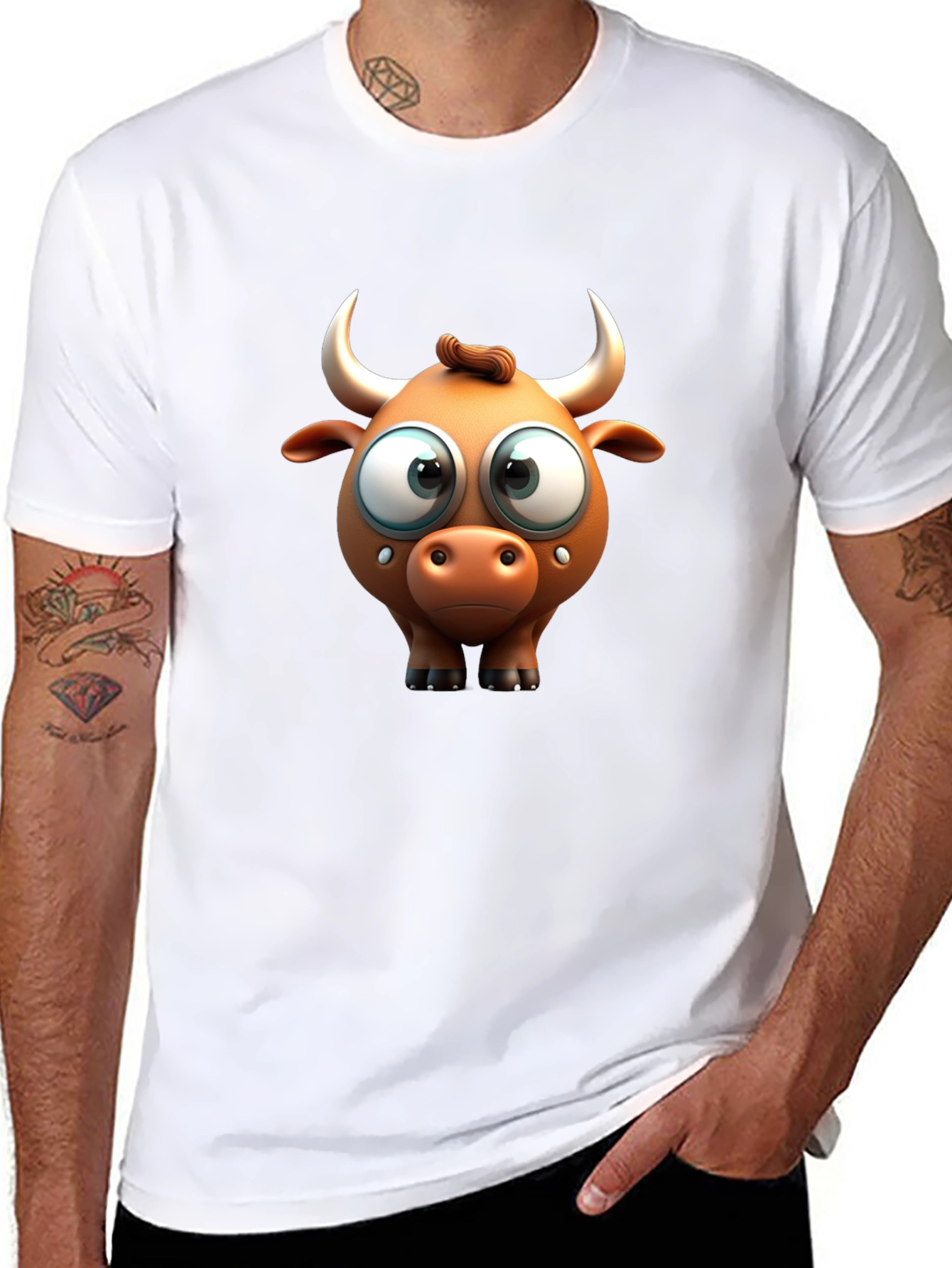 Funny Cartoon Bull Graphic Black T-Shirt