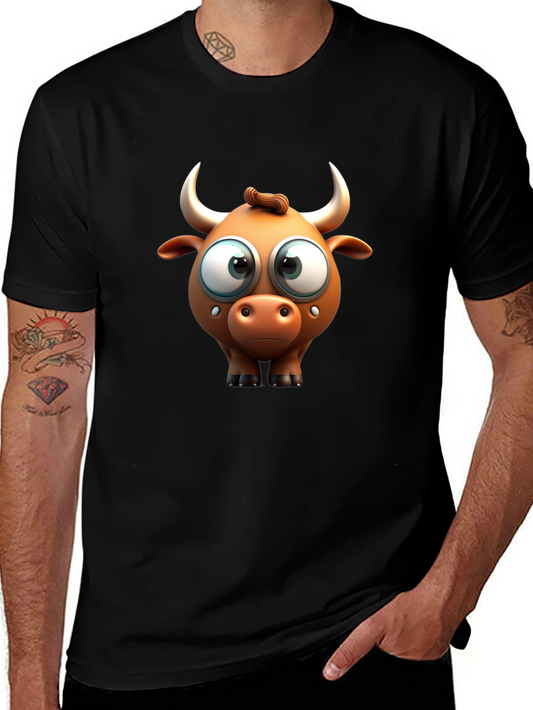 Funny Cartoon Bull Graphic Black T-Shirt