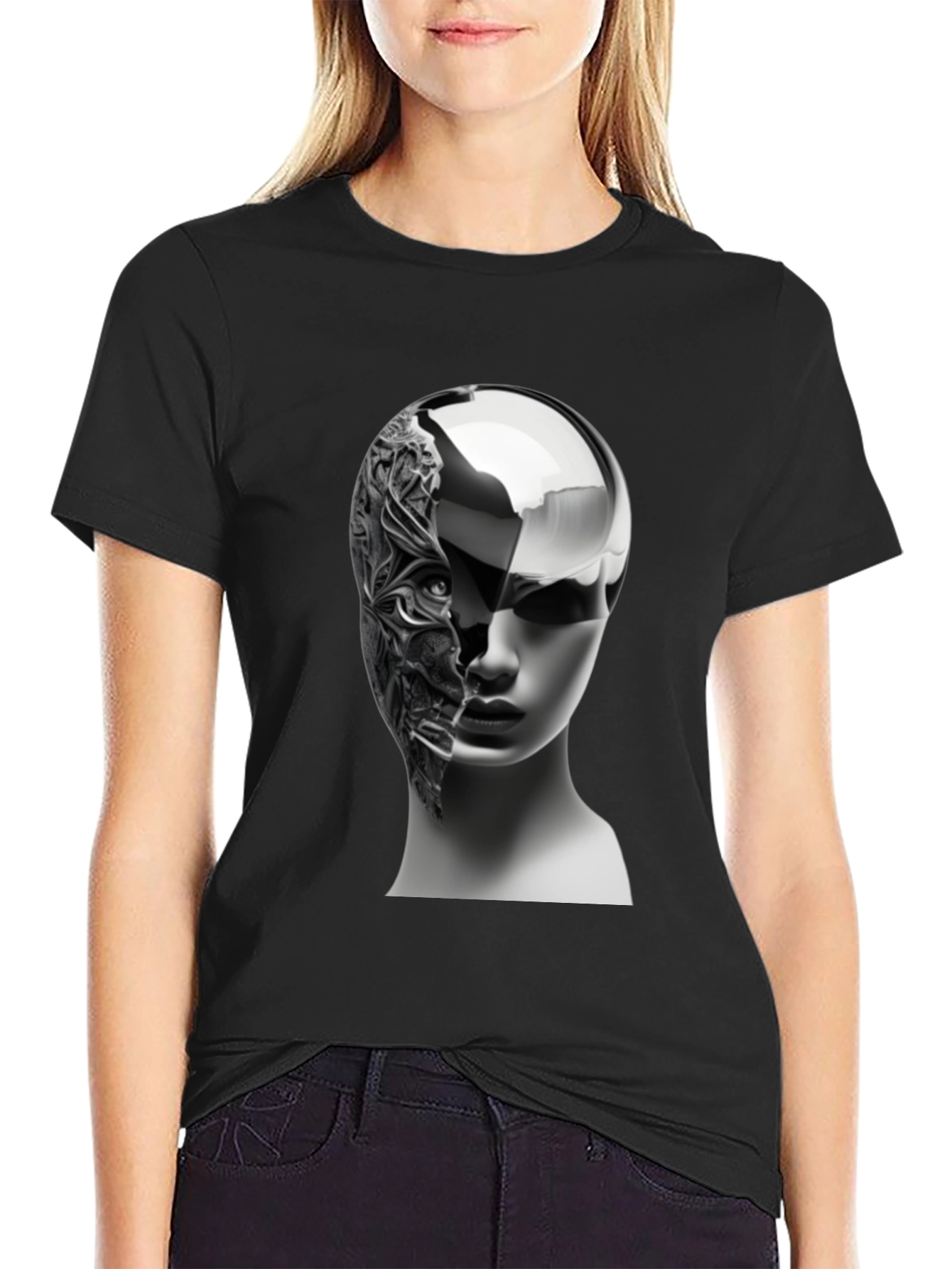 Futuristic Woman Graphic Tee - Black Cotton Blend