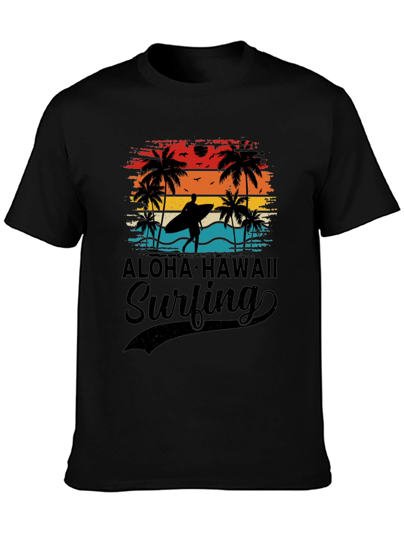Aloha Hawaii Surfing T-Shirt Palm Tree Sunset Tee