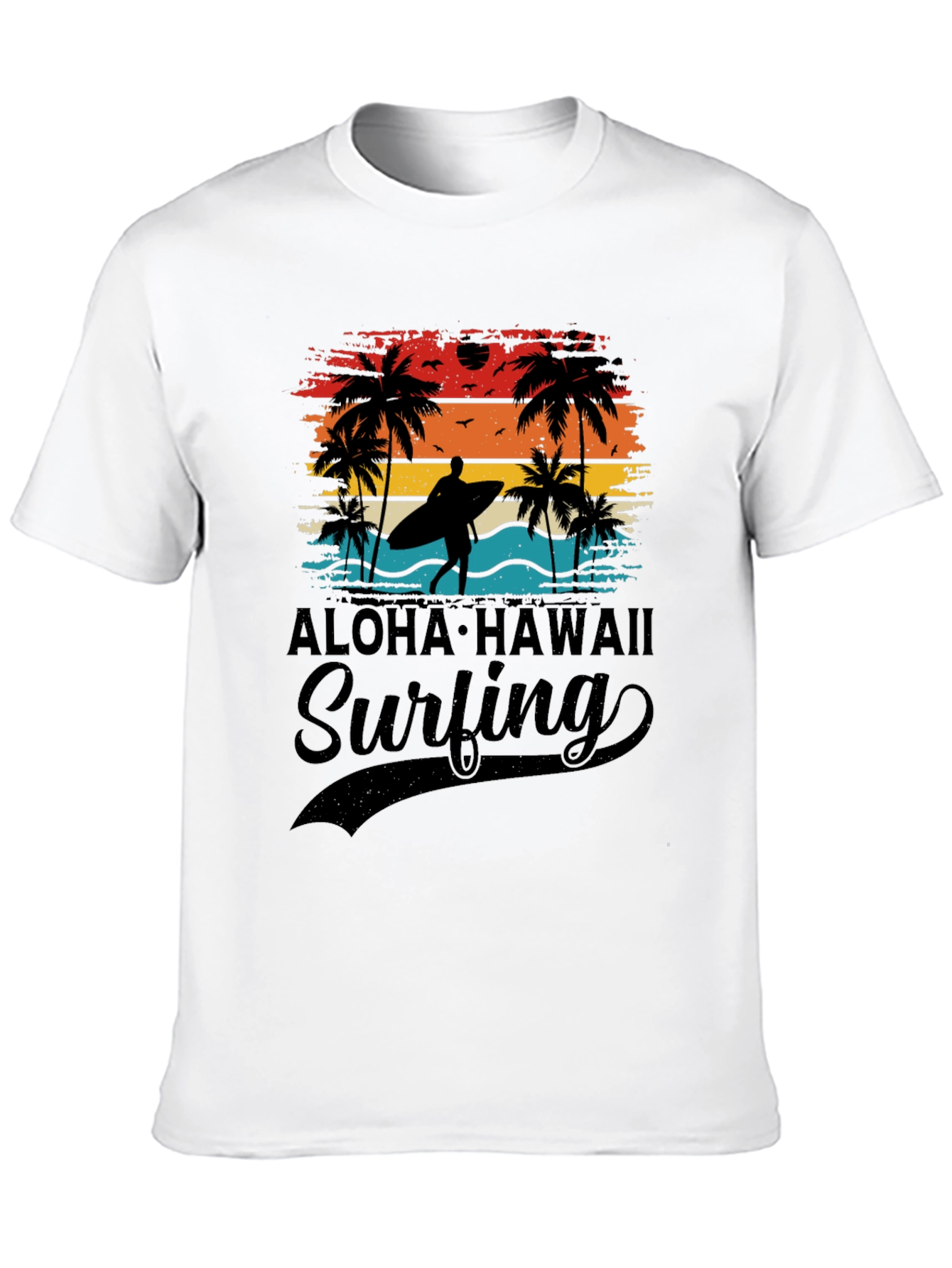 Aloha Hawaii Surfing T-Shirt Palm Tree Sunset Tee