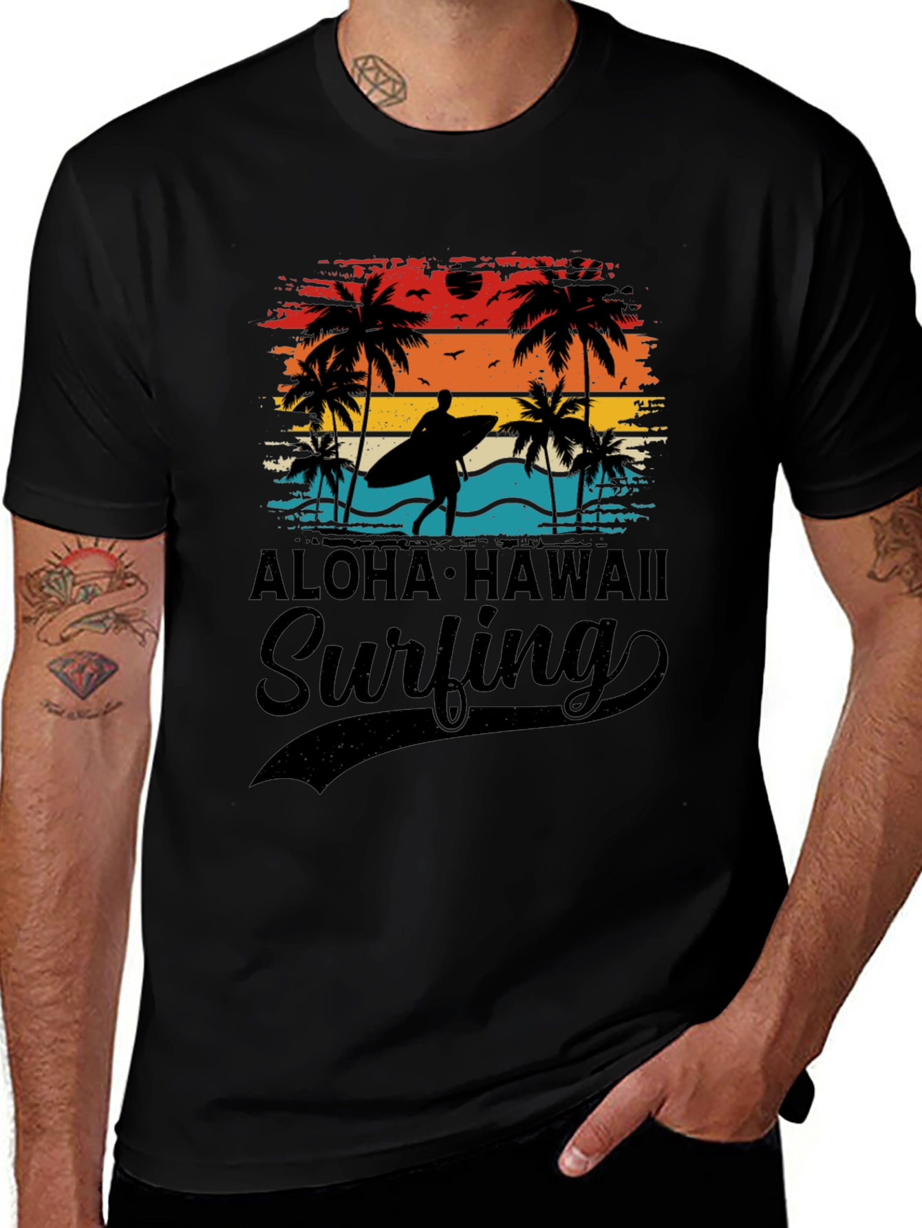 Aloha Hawaii Surfing T-Shirt Palm Tree Sunset Tee