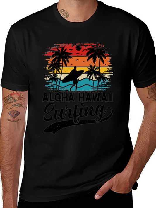 Aloha Hawaii Surfing T-Shirt Palm Tree Sunset Tee